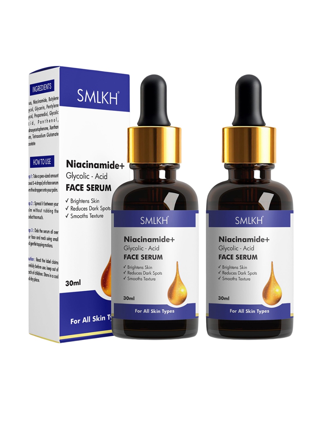 Smlkh Set Of 2 Niacinamide & Glycolic Acid Serum For Brightening & Dark Spots - 30 ml Each, Blue
Smlkh Set Of 2 Niacinamide & Glycolic Acid Serum For Brightening & Dark Spots - 30 ml Each, Blue