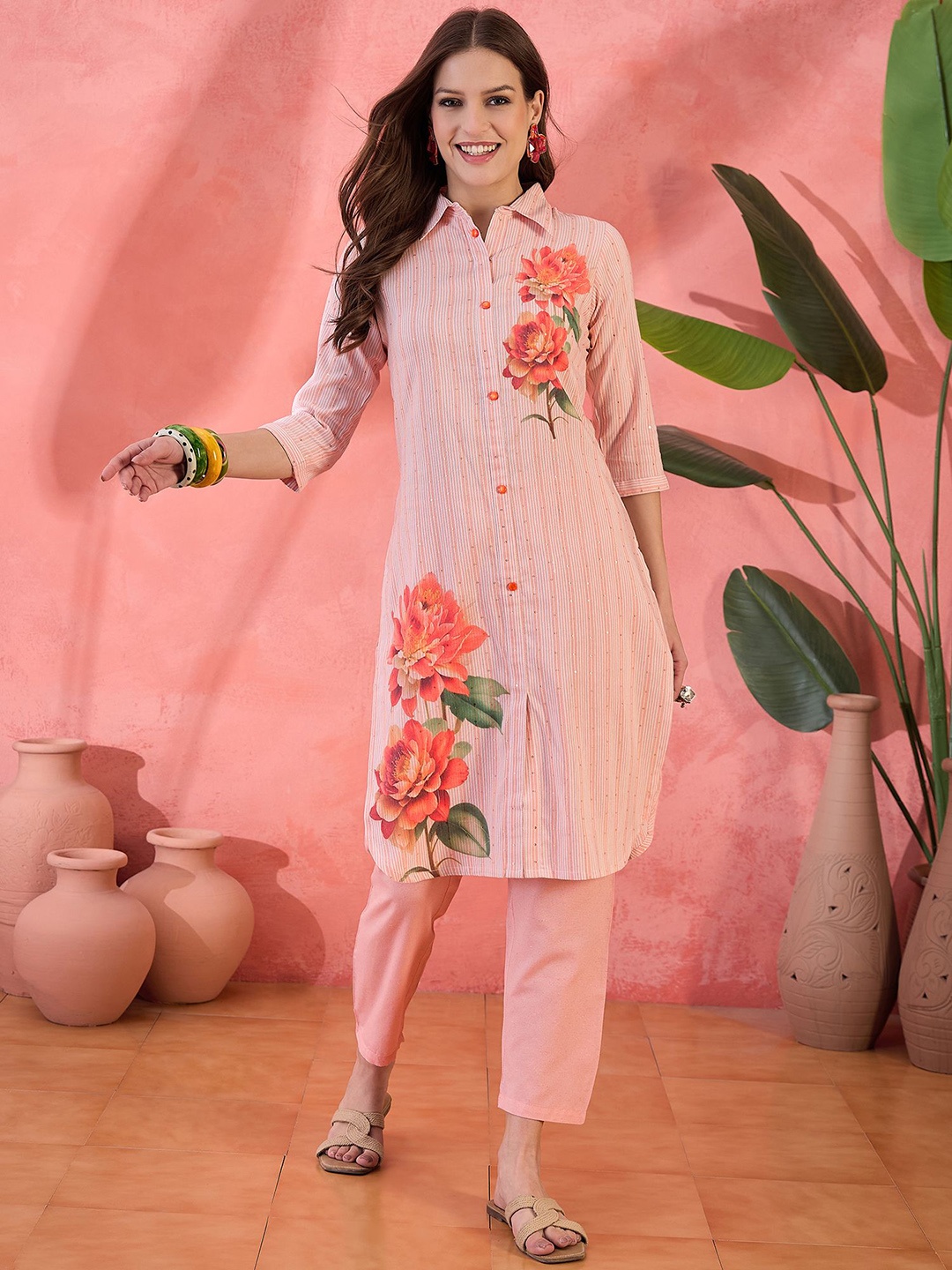 Sangria Floral Printed Shirt Collar Sequinned Cotton Straight Kurta With Trousers, Peach
Sangria Floral Printed Shirt Collar Sequinned Cotton Straight Kurta With Trousers, Peach