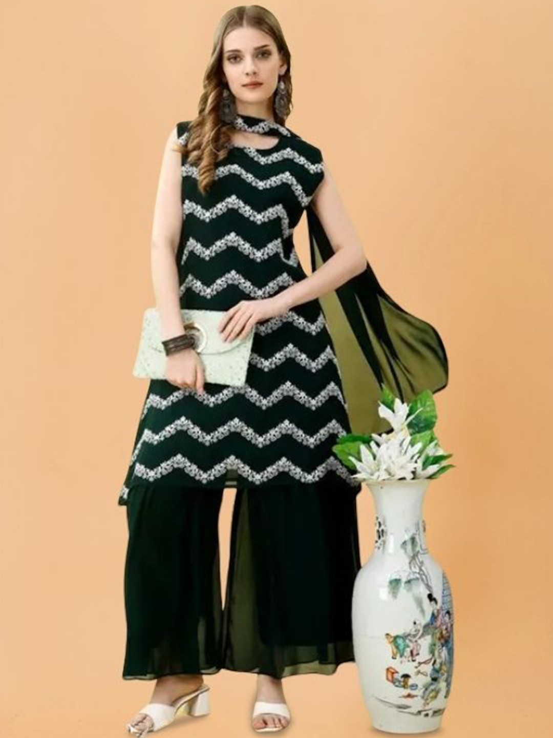 PARROT CREATION Chevron Embroidered Georgette A-Line Kurti With Sharara And Dupatta, Green
PARROT CREATION Chevron Embroidered Georgette A-Line Kurti With Sharara And Dupatta, Green