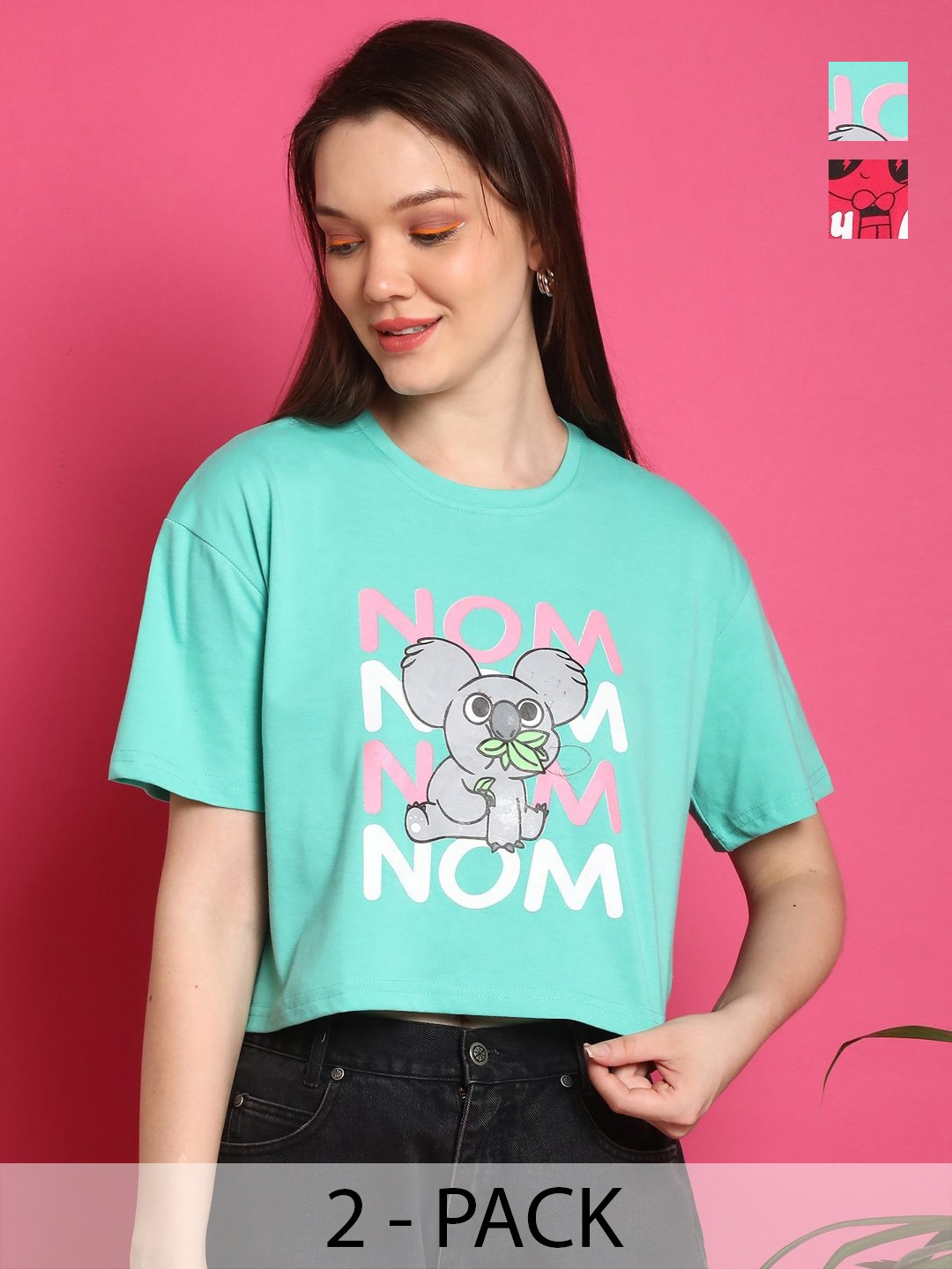 Dreambe Women Pack of 2 Graphic Printed Round Neck Cotton Boxy T-shirts, Turquoise blue
Dreambe Women Pack of 2 Graphic Printed Round Neck Cotton Boxy T-shirts, Turquoise blue