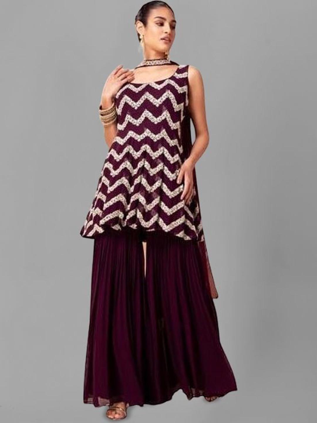 PARROT CREATION Chevron Embroidered Georgette A-Line Kurti With Sharara And Dupatta, Purple
PARROT CREATION Chevron Embroidered Georgette A-Line Kurti With Sharara And Dupatta, Purple