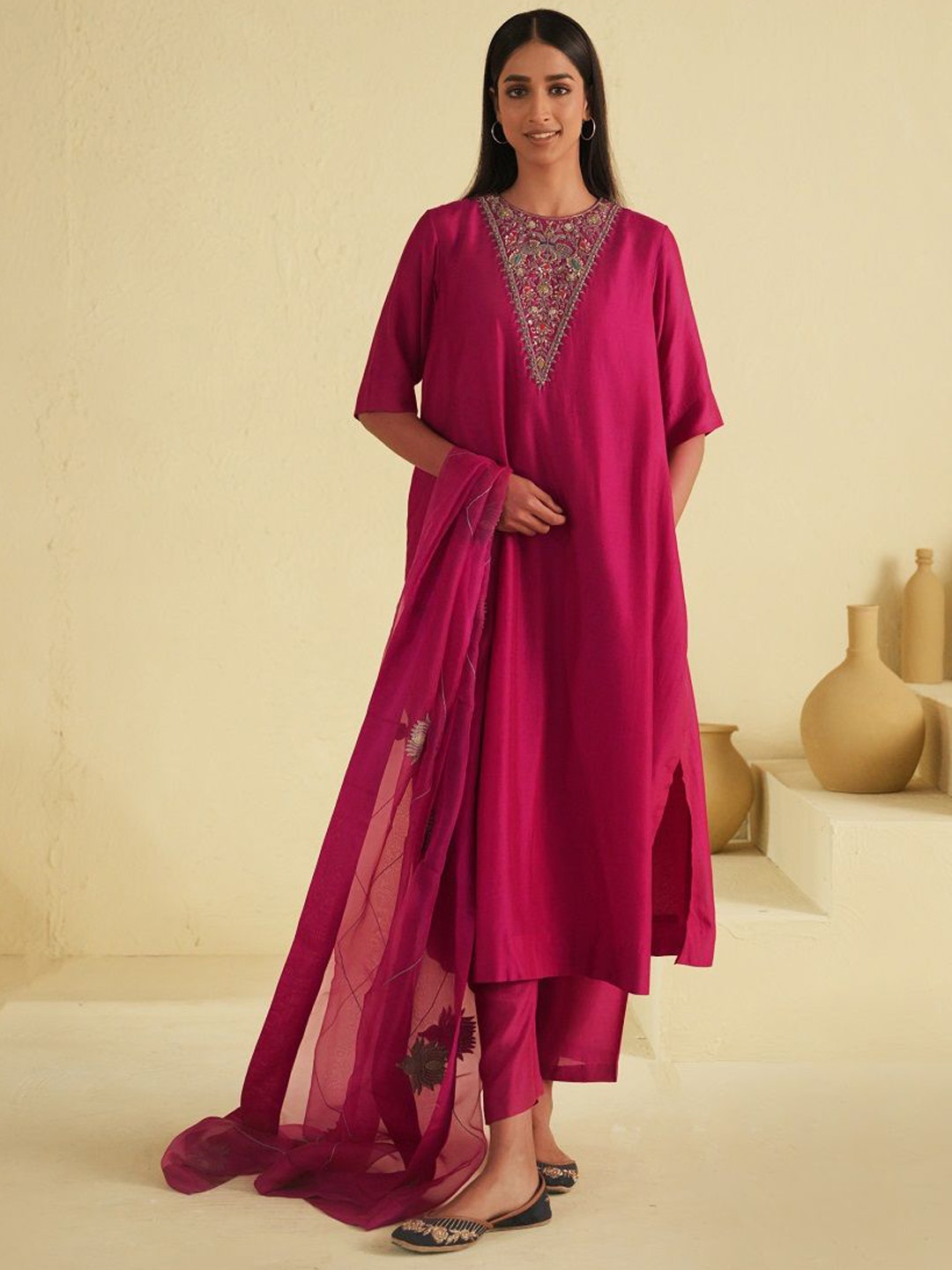 SUSHRAM Floral Yoke Design Thread Work Round Neck Kurta With Trousers & Dupatta, Fuchsia
SUSHRAM Floral Yoke Design Thread Work Round Neck Kurta With Trousers & Dupatta, Fuchsia