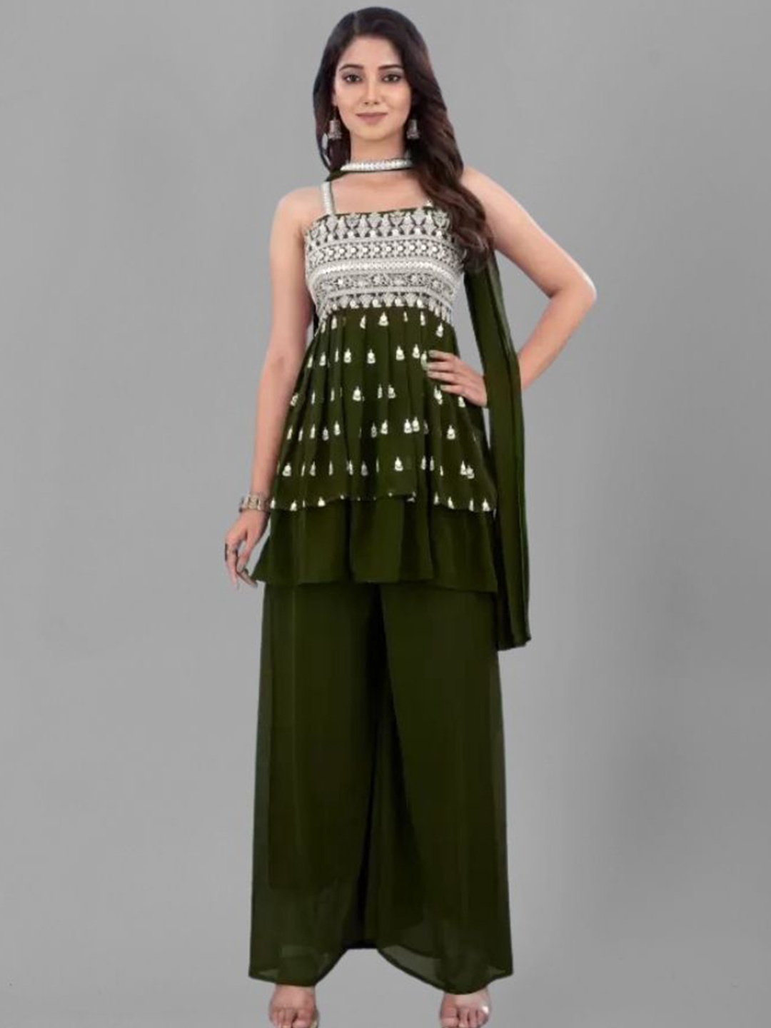 PARROT CREATION Floral Embroidered Georgette A-Line Kurti With Palazzos And Dupatta, Green
PARROT CREATION Floral Embroidered Georgette A-Line Kurti With Palazzos And Dupatta, Green