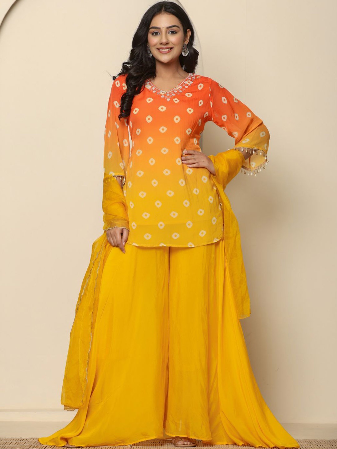 Do Dhaage Bandhani Printed Regular Beads and Stones Kurti with Palazzos & With Dupatta, Yellow
Do Dhaage Bandhani Printed Regular Beads and Stones Kurti with Palazzos & With Dupatta, Yellow