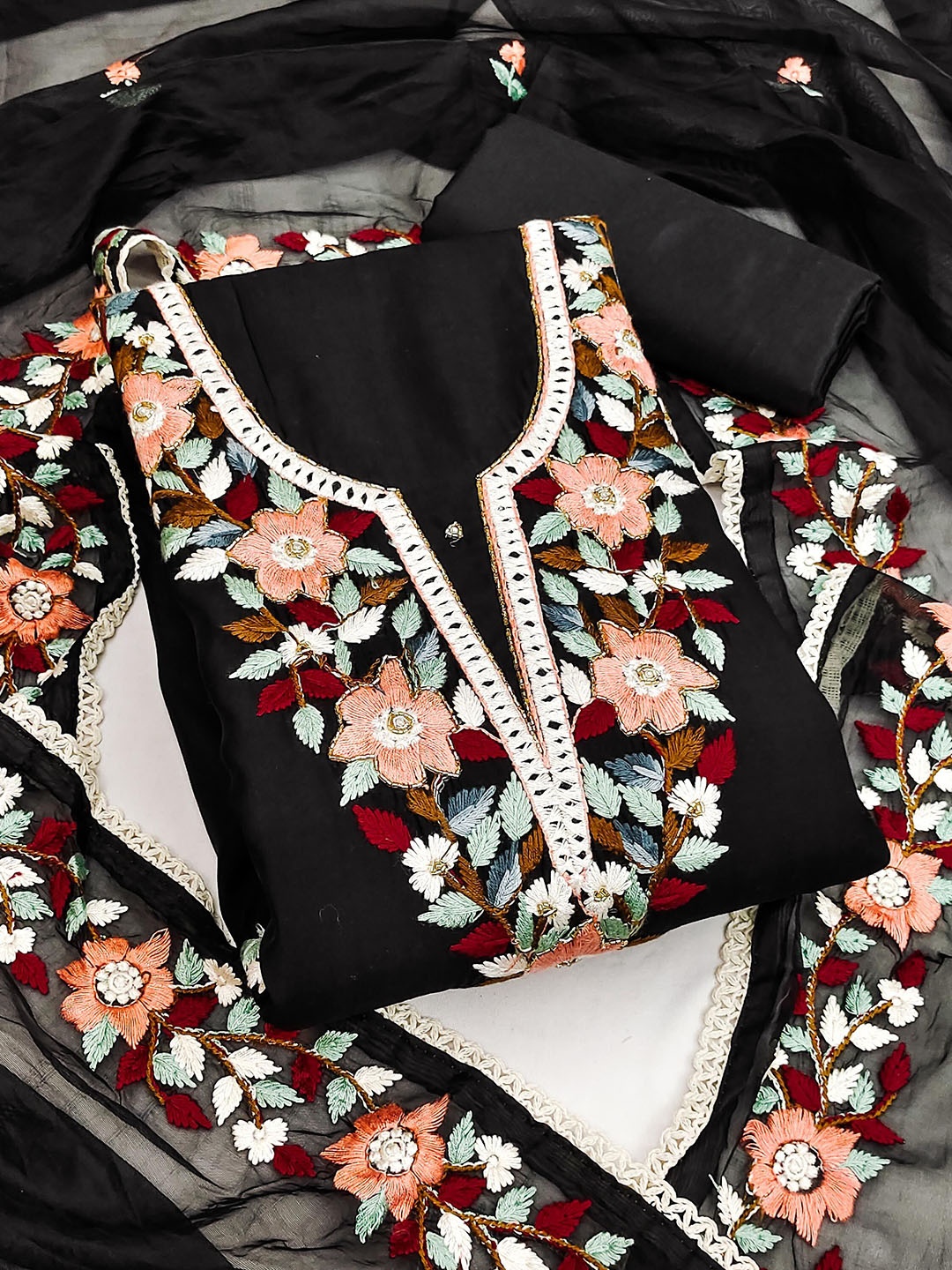 SAINOOR Floral Embroidered Beads & Stones Pure Silk Semi-Stitched Dress Material, Black
SAINOOR Floral Embroidered Beads & Stones Pure Silk Semi-Stitched Dress Material, Black