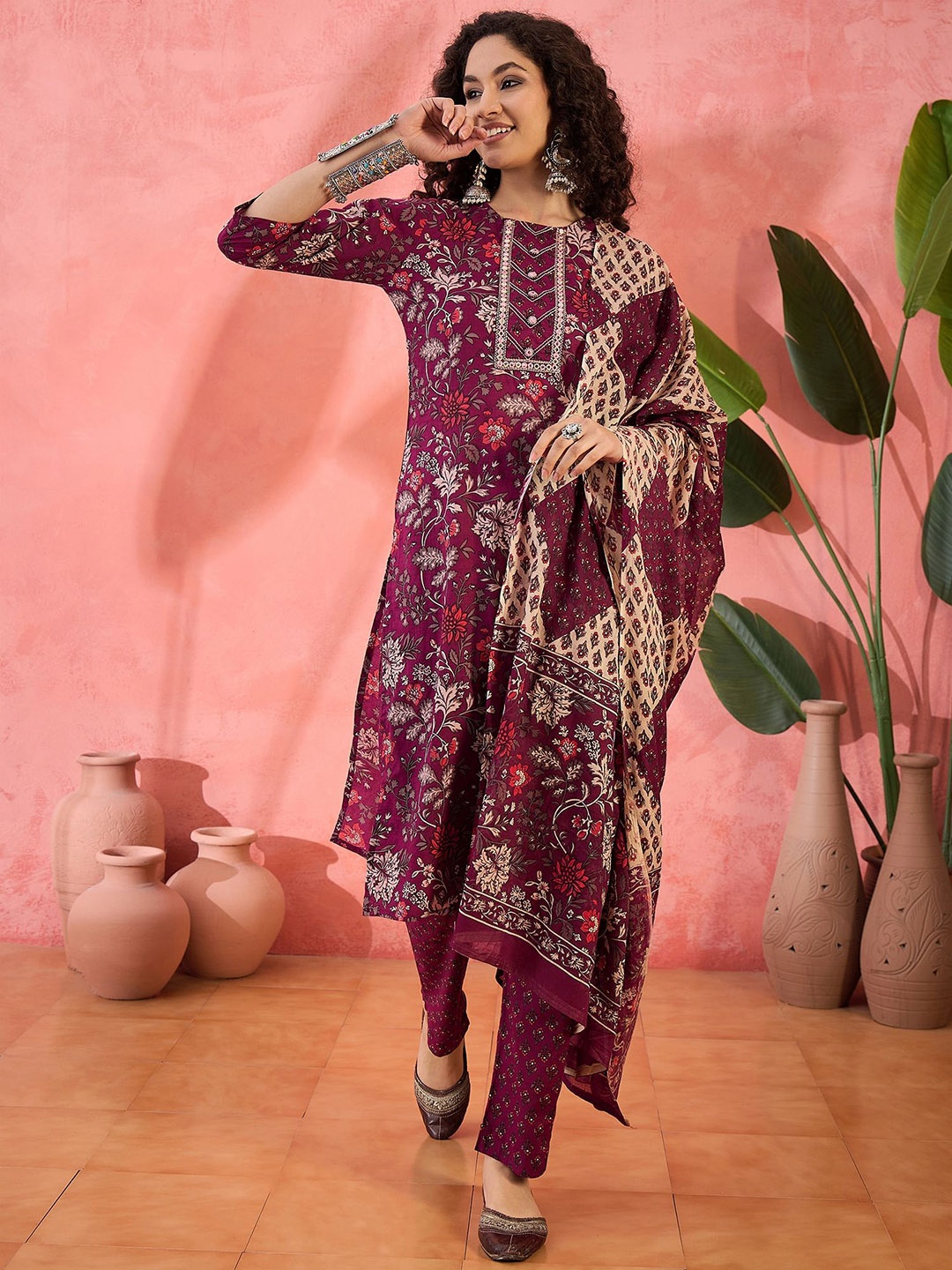 Sangria Floral Printed Mirror Work Pure Cotton Straight Kurta With Trousers & Dupatta, Burgundy
Sangria Floral Printed Mirror Work Pure Cotton Straight Kurta With Trousers & Dupatta, Burgundy