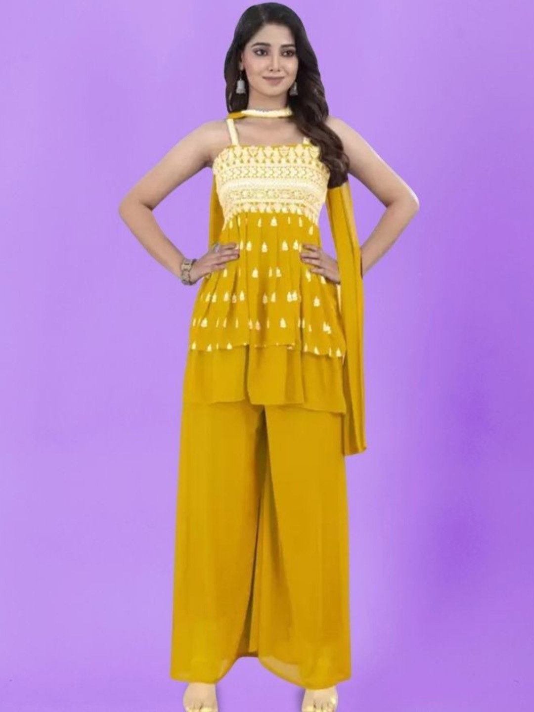 PARROT CREATION Floral Embroidered Thread Work Kurti With Palazzos And Dupatta, Yellow
PARROT CREATION Floral Embroidered Thread Work Kurti With Palazzos And Dupatta, Yellow