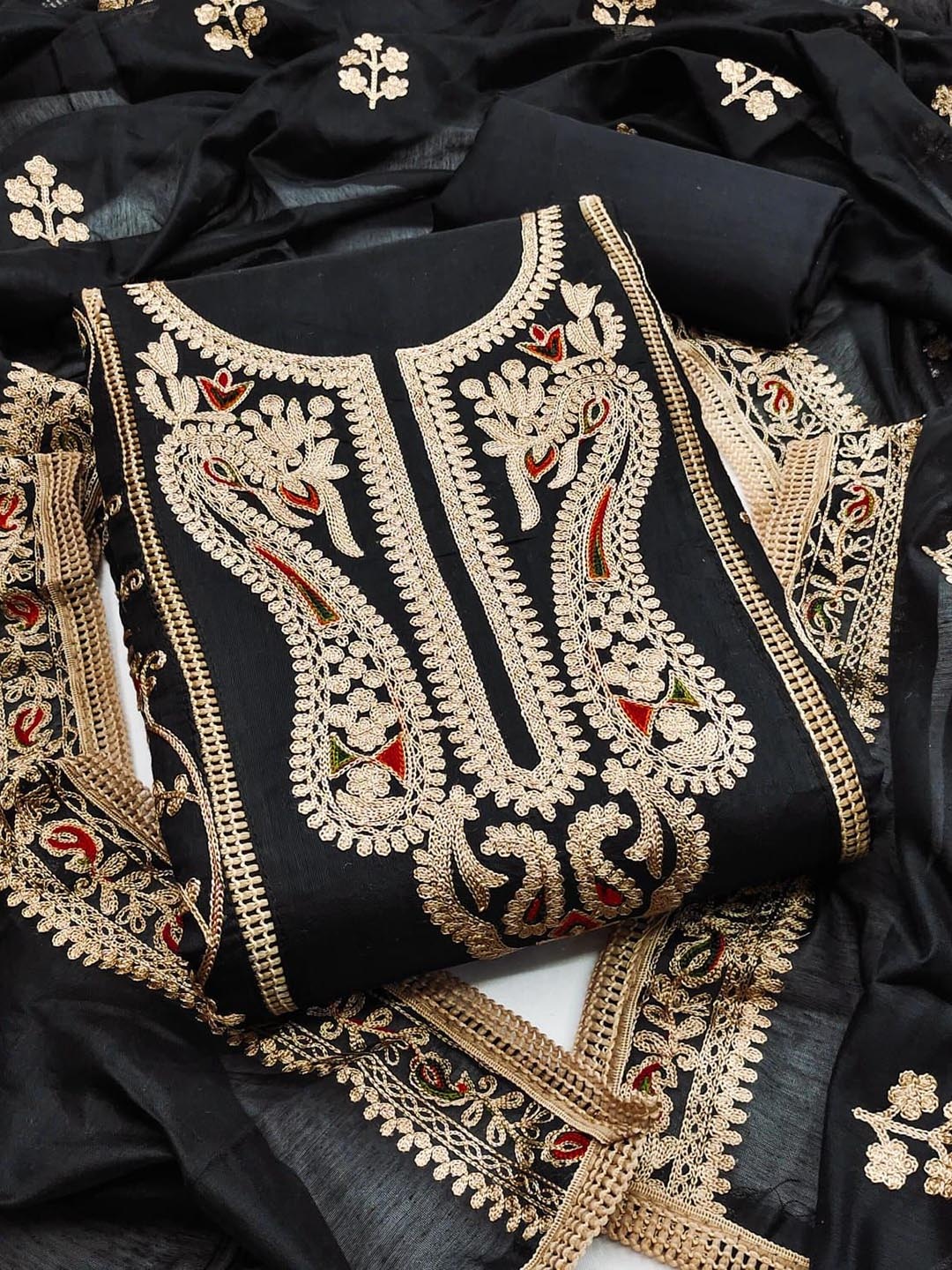 BlissFlair Paisley Embroidered Zari Chanderi Cotton Unstitched Dress Material, Black
BlissFlair Paisley Embroidered Zari Chanderi Cotton Unstitched Dress Material, Black