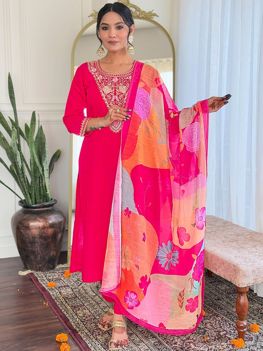 NIZA FASHION Women Floral Embroidered Regular Chanderi Silk Kurta with Trousers & With Dupatta, Pink
NIZA FASHION Women Floral Embroidered Regular Chanderi Silk Kurta with Trousers & With Dupatta, Pink