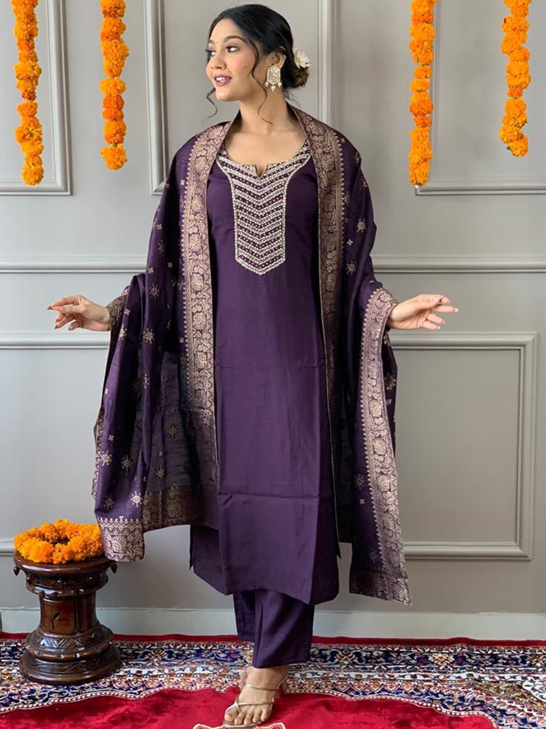 KALINI Ethnic Motifs Yoke Design Embroidered Chanderi Silk Kurta with Trousers & Dupatta, Magenta
KALINI Ethnic Motifs Yoke Design Embroidered Chanderi Silk Kurta with Trousers & Dupatta, Magenta
