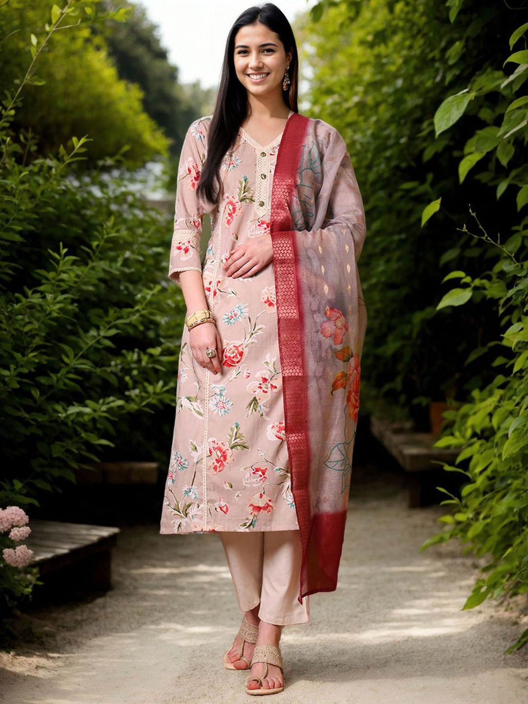 Anouk Floral Printed V-Neck Straight Pure Cotton Kurta With Trousers And Dupatta, Beige
Anouk Floral Printed V-Neck Straight Pure Cotton Kurta With Trousers And Dupatta, Beige