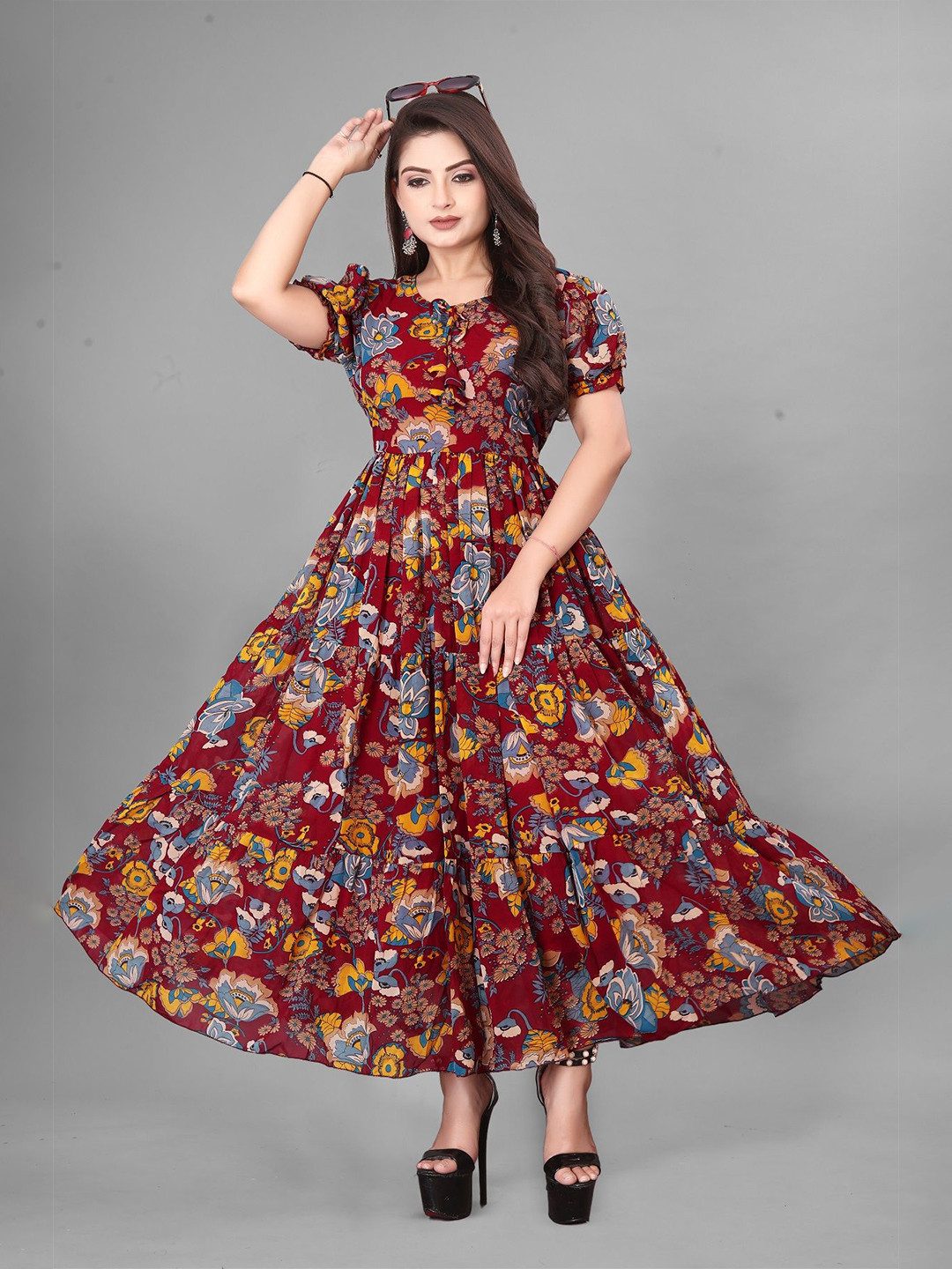 KRISHTI CREATION Floral Print Puff Sleeve Georgette Fit & Flare Maxi Dress, Red 
KRISHTI CREATION Floral Print Puff Sleeve Georgette Fit & Flare Maxi Dress, Red