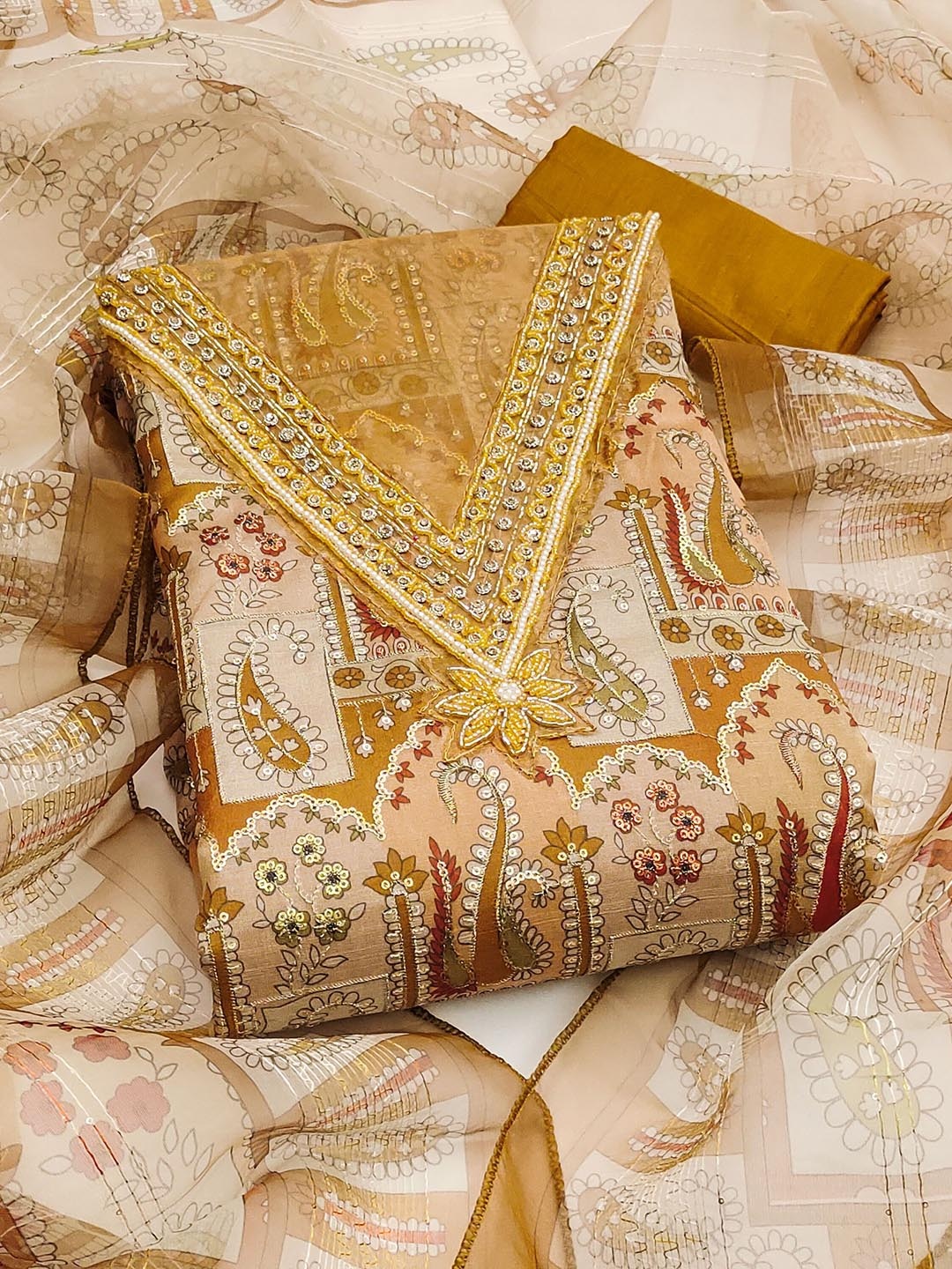 SAINOOR Ethnic Motifs Embroidered Sequnnied Organza Semi-Stitched Dress Material, Mustard
SAINOOR Ethnic Motifs Embroidered Sequnnied Organza Semi-Stitched Dress Material, Mustard