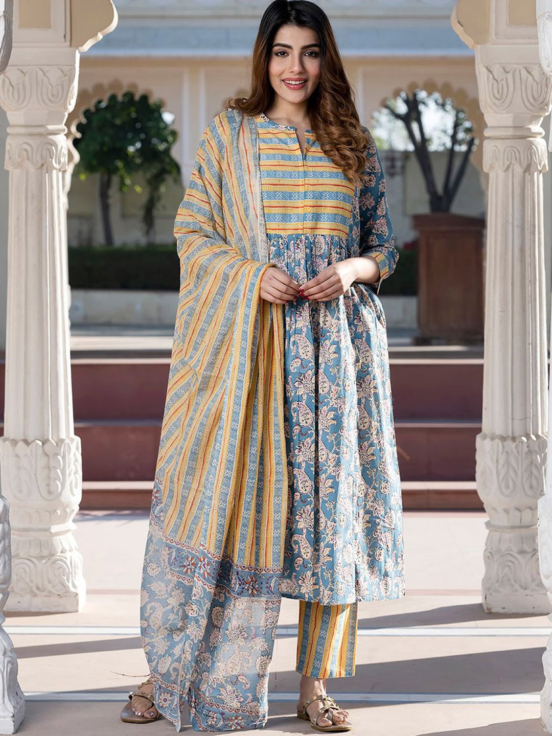 KALINI Women Ethnic Motifs Printed Regular Pure Cotton Kurta with Trousers & With Dupatta, Blue
KALINI Women Ethnic Motifs Printed Regular Pure Cotton Kurta with Trousers & With Dupatta, Blue