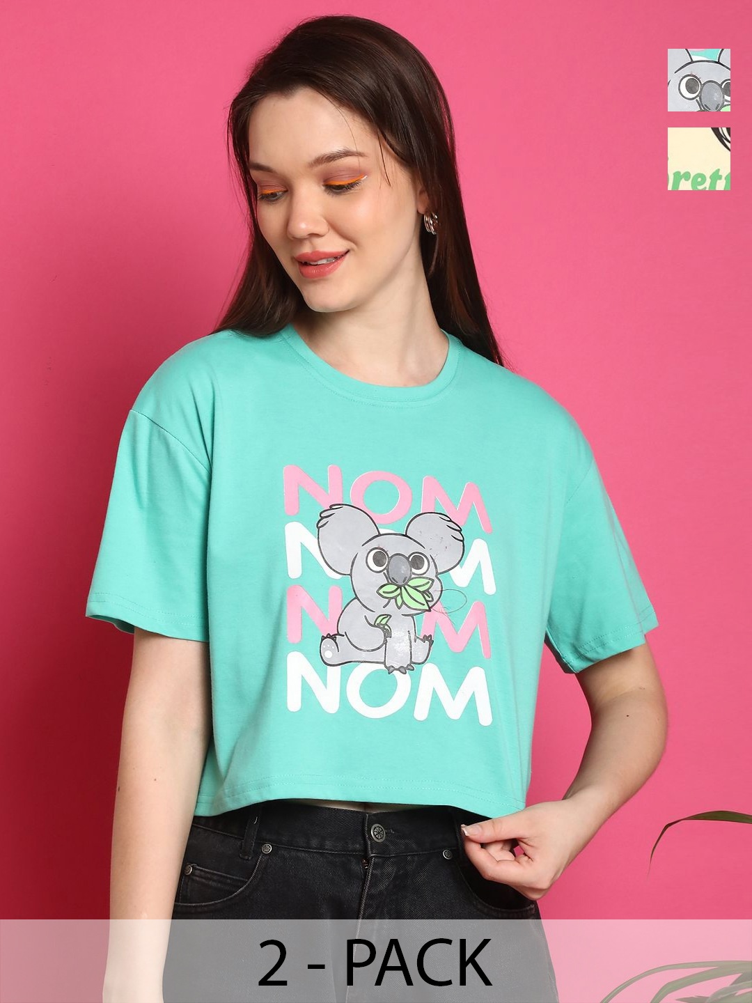 Dreambe Women Pack of 2 Graphic Printed Round Neck Cotton Boxy T-shirts, Turquoise blue
Dreambe Women Pack of 2 Graphic Printed Round Neck Cotton Boxy T-shirts, Turquoise blue