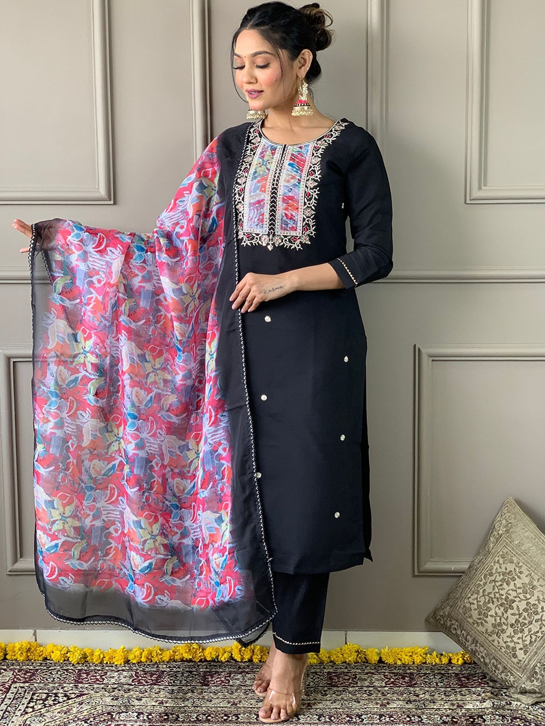 NIZA FASHION Women Floral Embroidered Regular Kurta with Trousers & With Dupatta, Black
NIZA FASHION Women Floral Embroidered Regular Kurta with Trousers & With Dupatta, Black