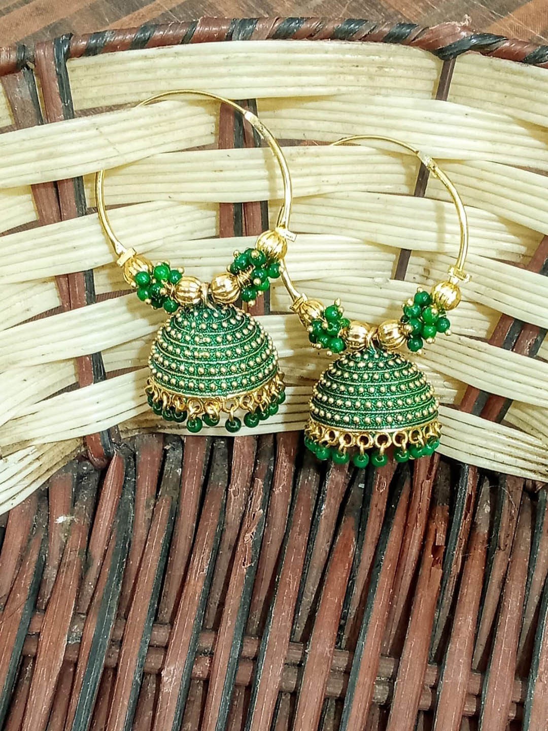 JMBW INTERNATIONAL Set Of 2 Gold-Plated Artificial Beaded Dome Shaped Jhumkas, Green
JMBW INTERNATIONAL Set Of 2 Gold-Plated Artificial Beaded Dome Shaped Jhumkas, Green