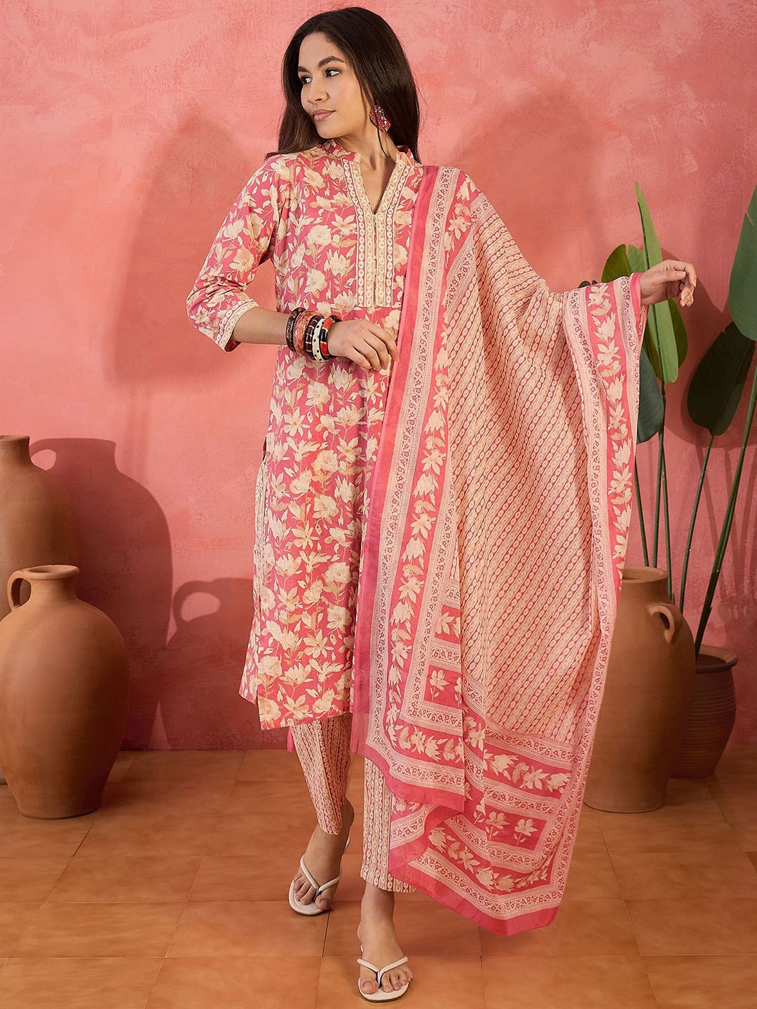 Sangria Floral Printed Beads Work Pure Cotton Straight Kurta With Trousers & Dupatta, Pink
Sangria Floral Printed Beads Work Pure Cotton Straight Kurta With Trousers & Dupatta, Pink