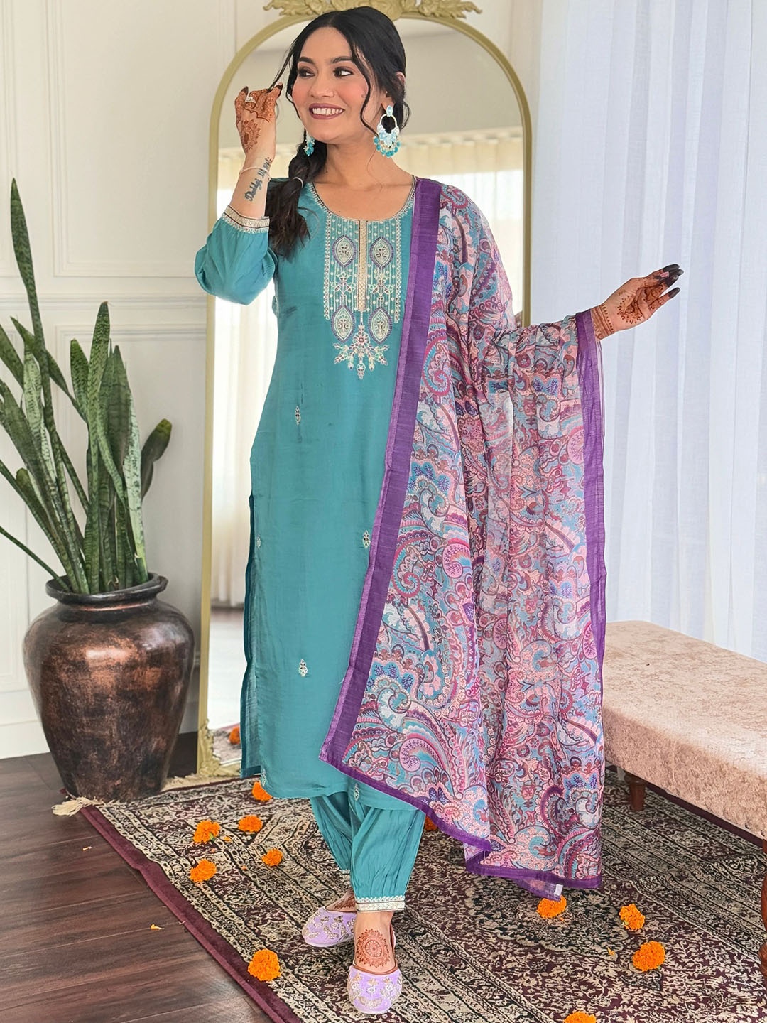 NIZA FASHION Women Floral Embroidered Regular Chanderi Silk Kurta with Trousers & With Dupatta, Blue
NIZA FASHION Women Floral Embroidered Regular Chanderi Silk Kurta with Trousers & With Dupatta, Blue