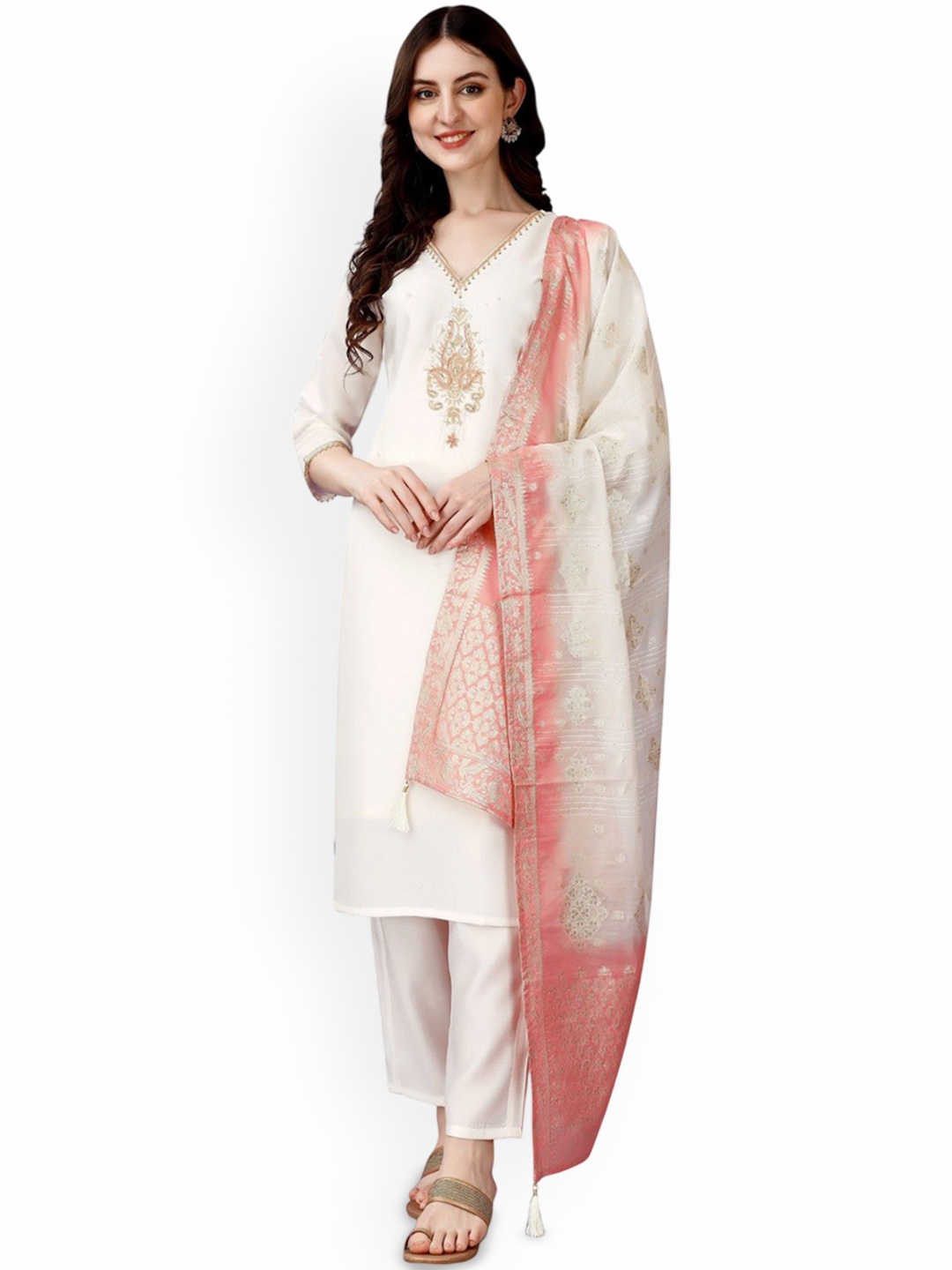 ZEEPKART Floral Embroidered V-Neck Sequinned Straight Kurta With Trousers & Dupatta, White
ZEEPKART Floral Embroidered V-Neck Sequinned Straight Kurta With Trousers & Dupatta, White