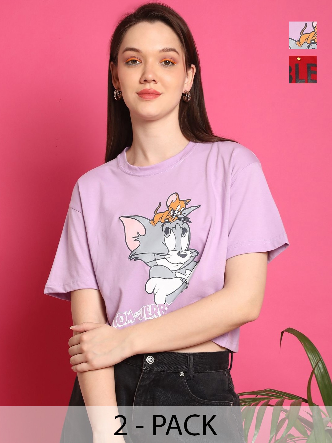 Dreambe Women Pack of 2 Tom & Jerry Graphic Printed Round Neck Cotton Boxy T-shirts, Lavender
Dreambe Women Pack of 2 Tom & Jerry Graphic Printed Round Neck Cotton Boxy T-shirts, Lavender