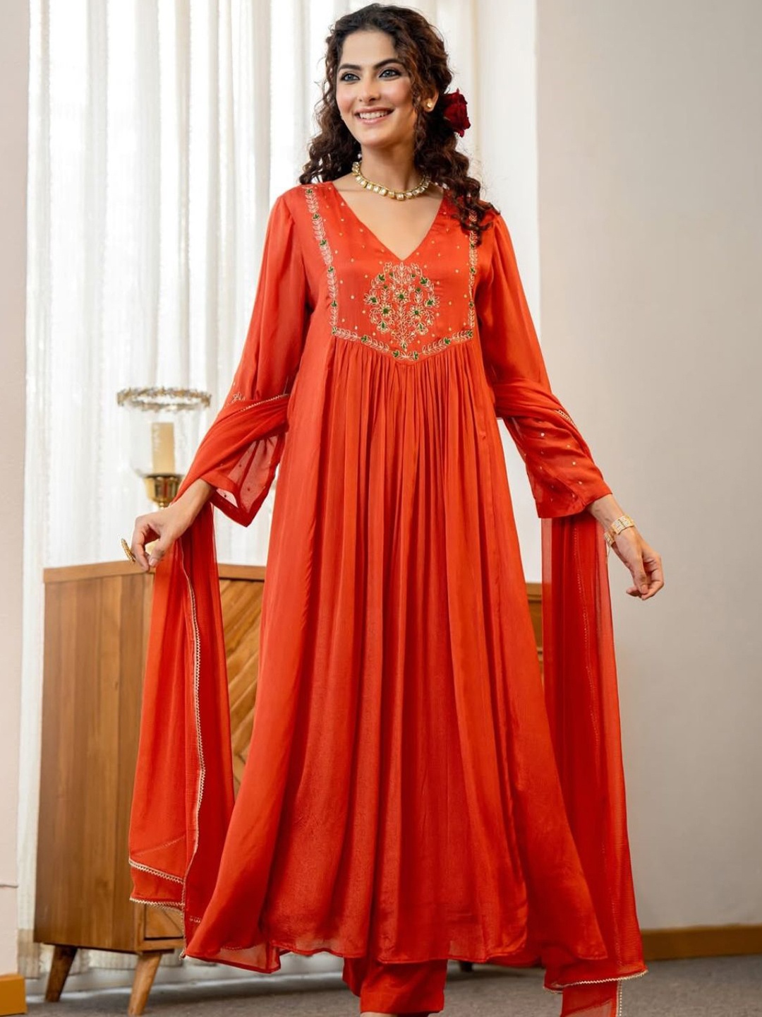 Navlik Floral Embroidered Silk Chiffon Pleated Anarkali Kurta With Trousers & Dupatta, Orange
Navlik Floral Embroidered Silk Chiffon Pleated Anarkali Kurta With Trousers & Dupatta, Orange