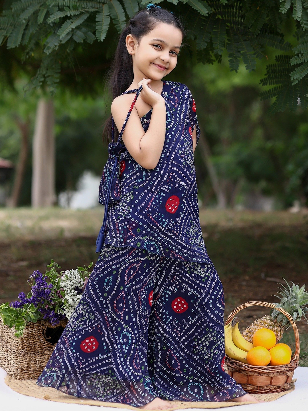 Thread & Button Girls Bandhani Printed Regular Silk Chiffon Kurta with Palazzos, Blue
Thread & Button Girls Bandhani Printed Regular Silk Chiffon Kurta with Palazzos, Blue