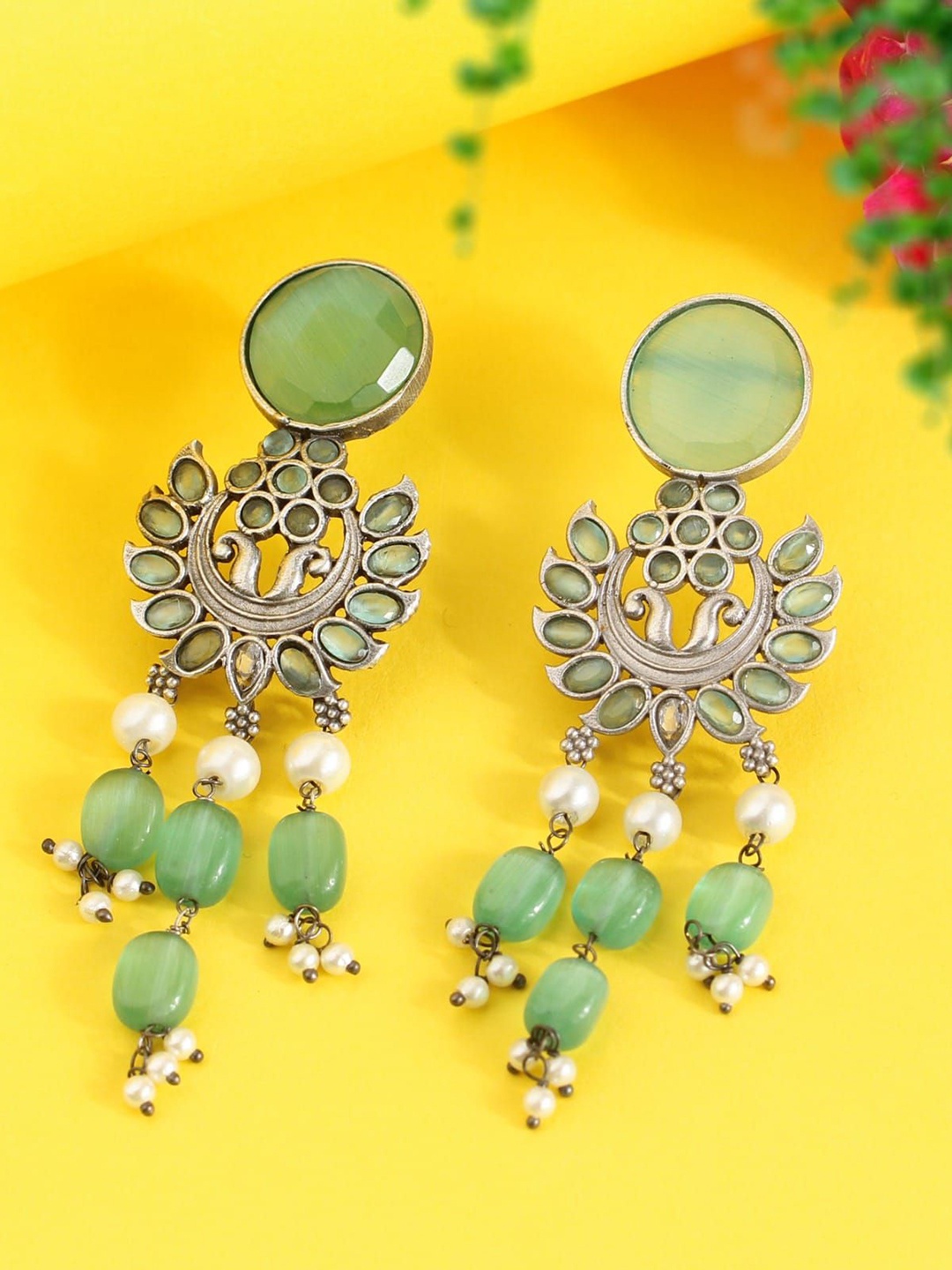 SANAA CREATIONS Silver-Plated Artificial Stone Studded & Beaded Oxidised Drop Earrings
SANAA CREATIONS Silver-Plated Artificial Stone Studded & Beaded Oxidised Drop Earrings