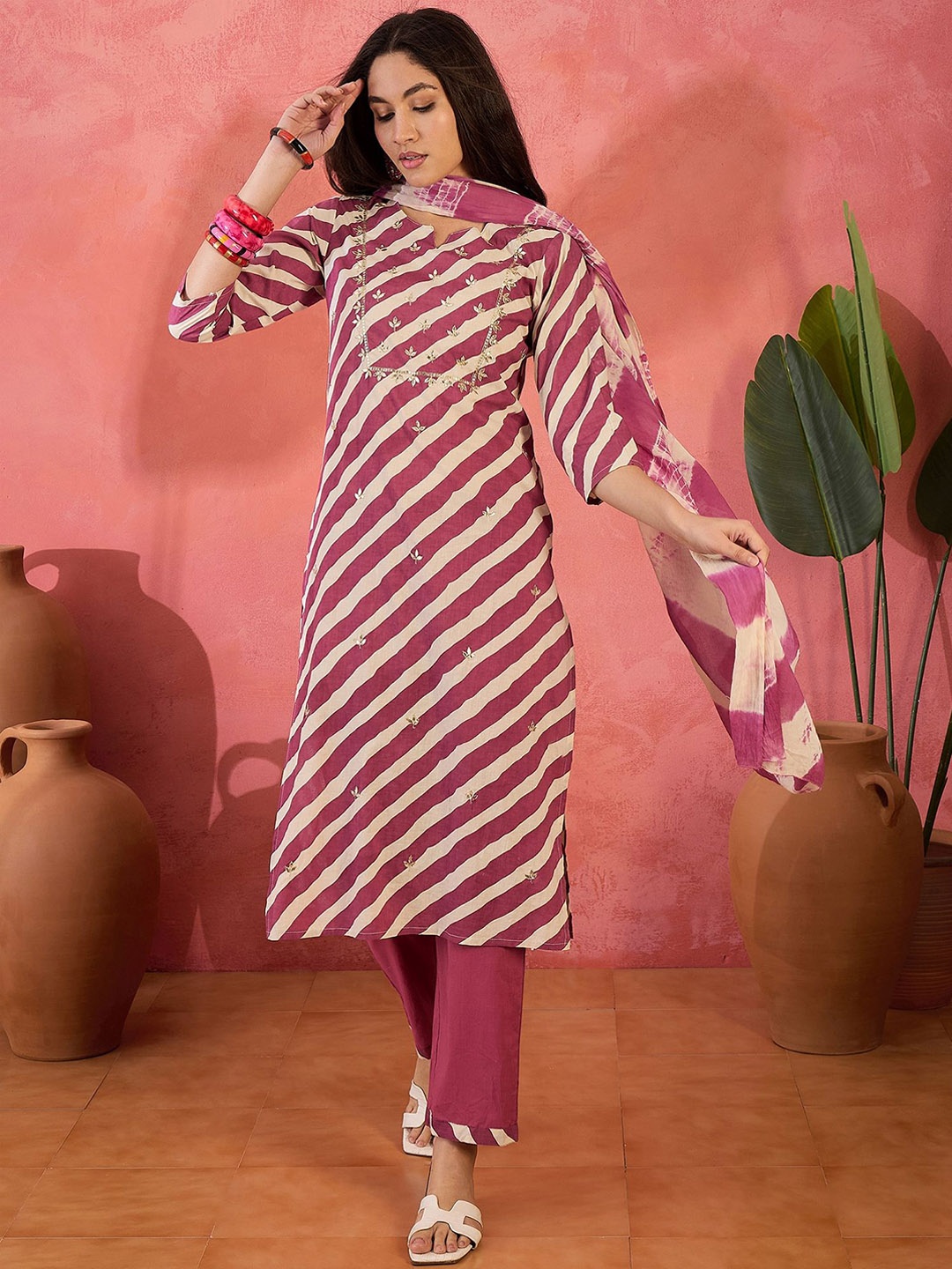 Sangria Striped Notch Neck Sequinned Pure Cotton Straight Kurta With Trouser & Dupatta, Purple
Sangria Striped Notch Neck Sequinned Pure Cotton Straight Kurta With Trouser & Dupatta, Purple