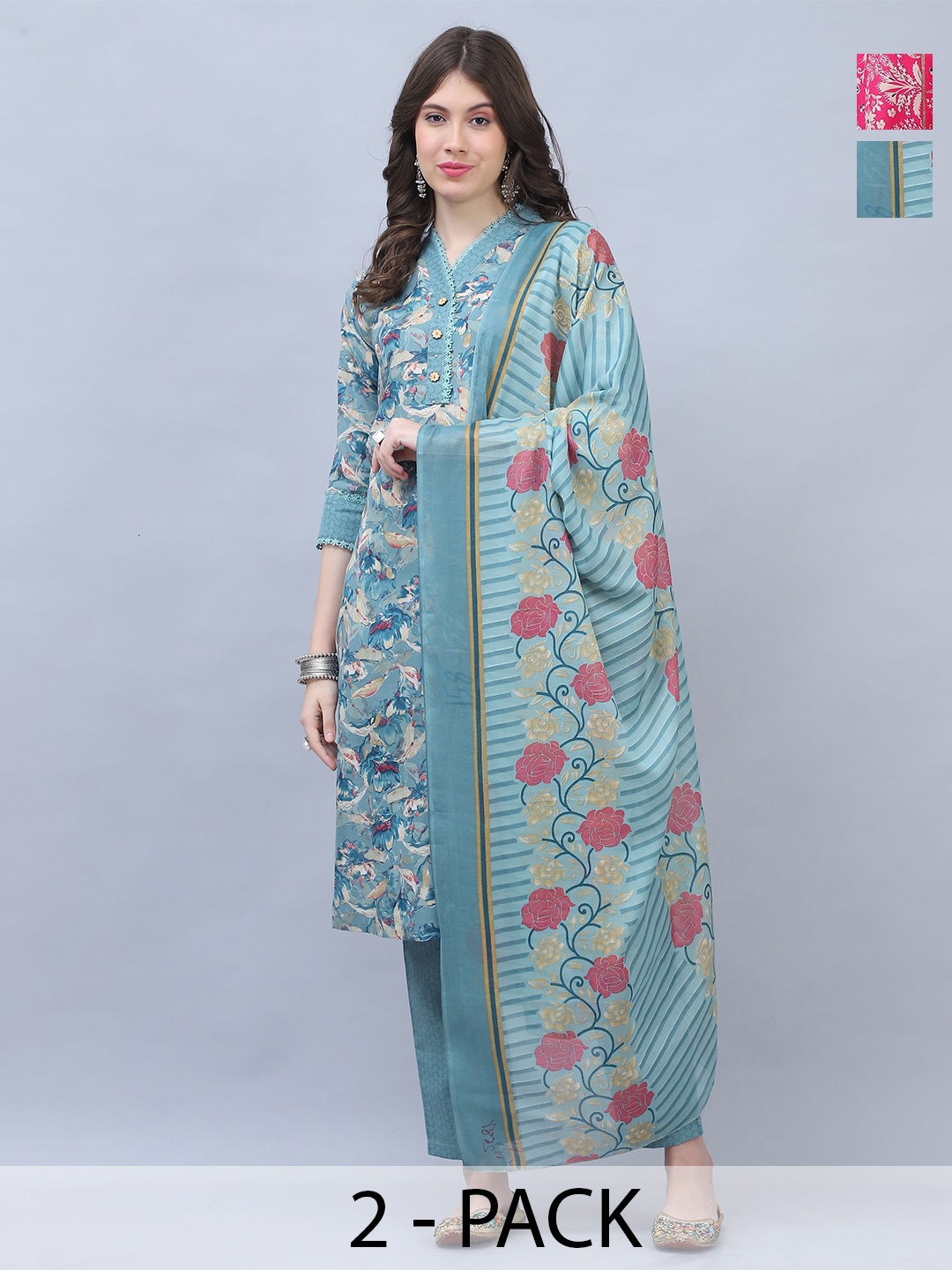 Roly Poly Slection Of 2 Floral Printed Straight Kurta with Trousers & Dupatta, Turquoise blue
Roly Poly Slection Of 2 Floral Printed Straight Kurta with Trousers & Dupatta, Turquoise blue