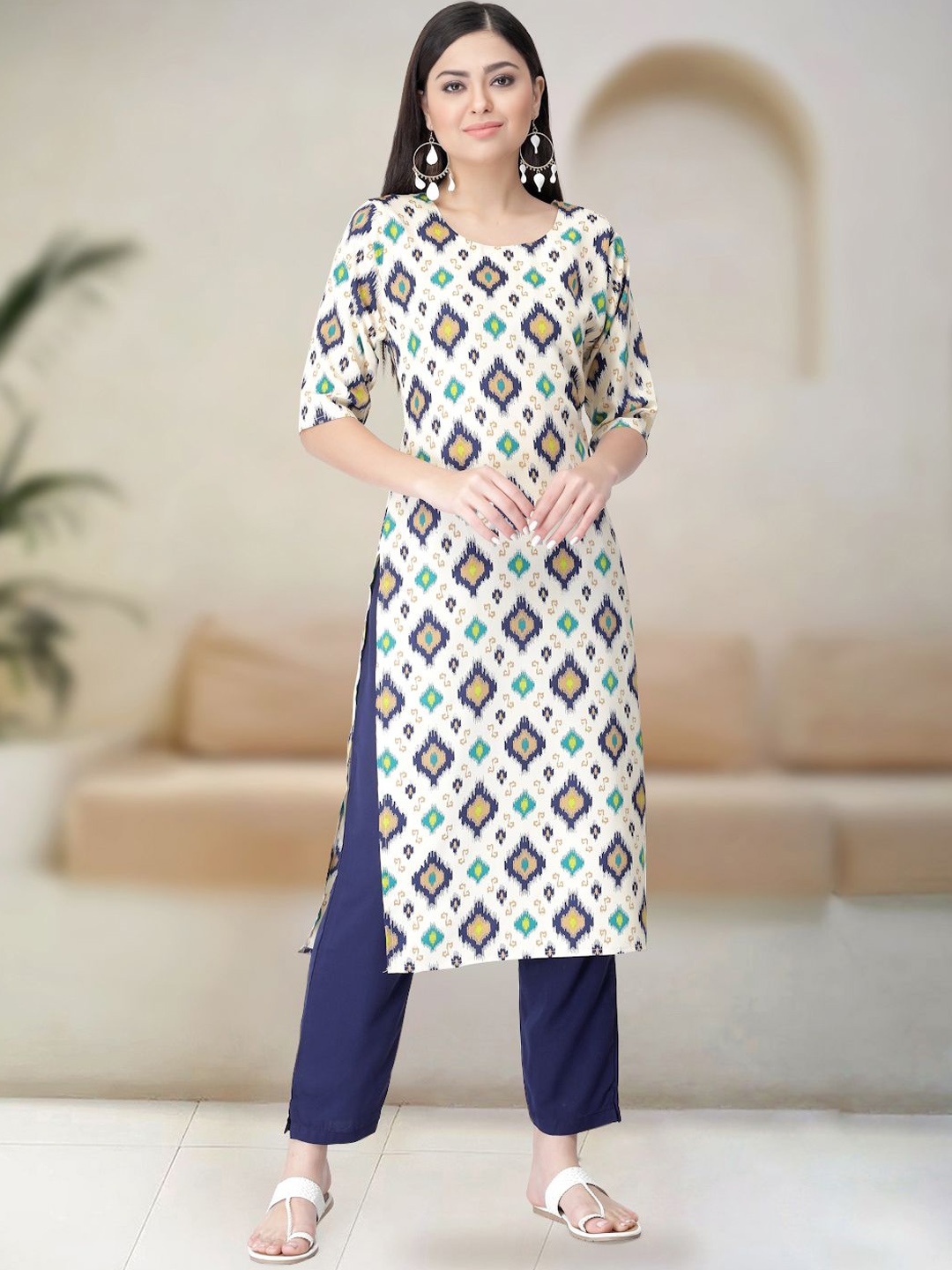 Moda Rapido Geometric Printed Round Neck Ikat Technique Straight Kurta With Trousers, White
Moda Rapido Geometric Printed Round Neck Ikat Technique Straight Kurta With Trousers, White