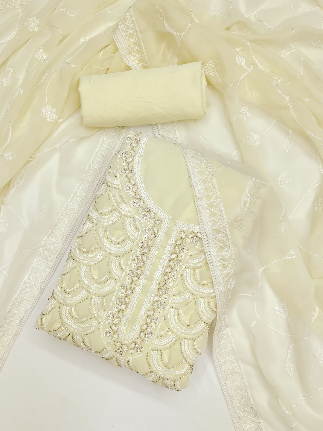 Rangtulika Ethnics Geometric Embroidered Sequinned Georgette Unstitched Dress Material, Cream
Rangtulika Ethnics Geometric Embroidered Sequinned Georgette Unstitched Dress Material, Cream