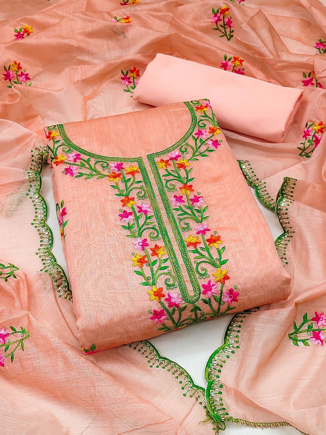 Rangtulika Ethnics Floral Embroidered Chanderi Cotton Unstitched Dress Material, Peach
Rangtulika Ethnics Floral Embroidered Chanderi Cotton Unstitched Dress Material, Peach