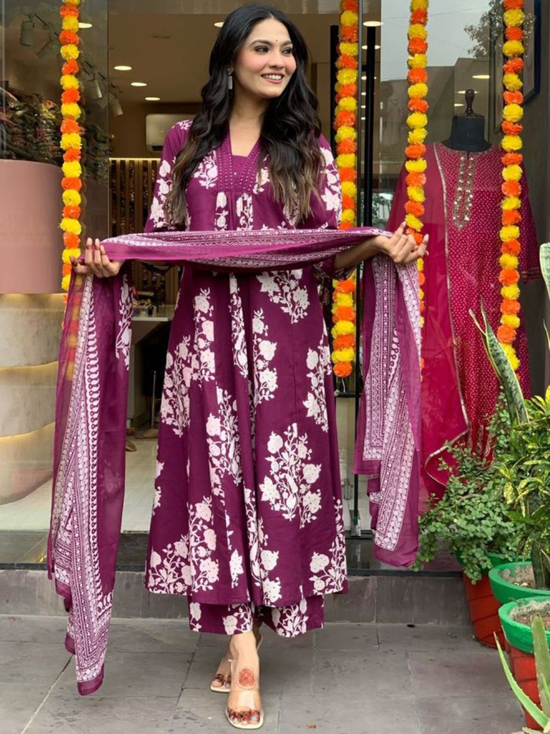 KERI PERRY Floral Printed V-Neck Mirror Work A-Line Kurta With Palazzos And Dupatta, Purple
KERI PERRY Floral Printed V-Neck Mirror Work A-Line Kurta With Palazzos And Dupatta, Purple