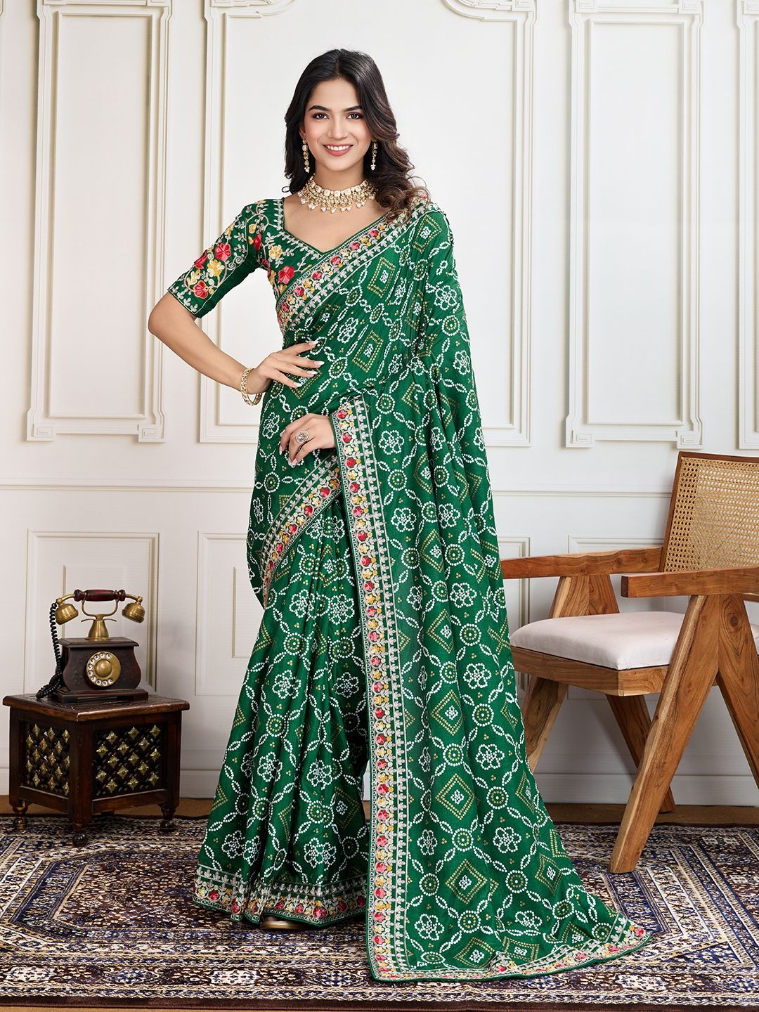 House of Pataudi Panetar Bandhani Printed With Embroidered Saree With Unstitched Blouse, Green
House of Pataudi Panetar Bandhani Printed With Embroidered Saree With Unstitched Blouse, Green