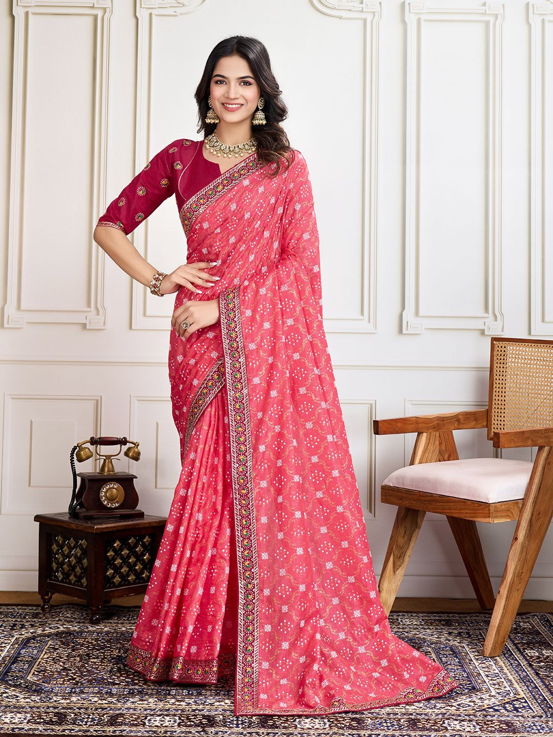 House of Pataudi Badshah Bandhani Printed With Embroidered Saree With Unstitched Blouse, Red
House of Pataudi Badshah Bandhani Printed With Embroidered Saree With Unstitched Blouse, Red
