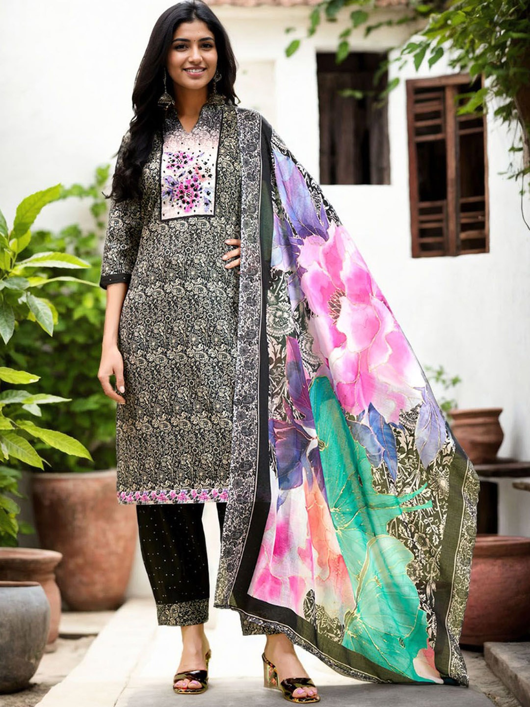 Anouk Women Floral Embroidered Regular Thread Work Pure Cotton Kurta with Harem Pants & With Dupatta, Black
Anouk Women Floral Embroidered Regular Thread Work Pure Cotton Kurta with Harem Pants & With Dupatta, Black