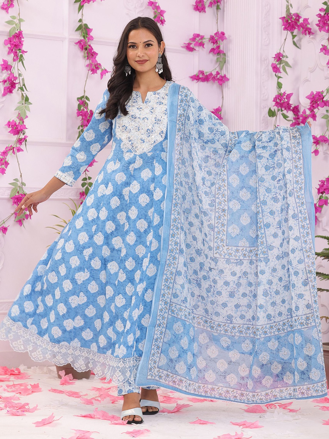 KALINI Floral Printed Thread Work Notch Neck Kurta with Trousers & Dupatta, Blue
KALINI Floral Printed Thread Work Notch Neck Kurta with Trousers & Dupatta, Blue