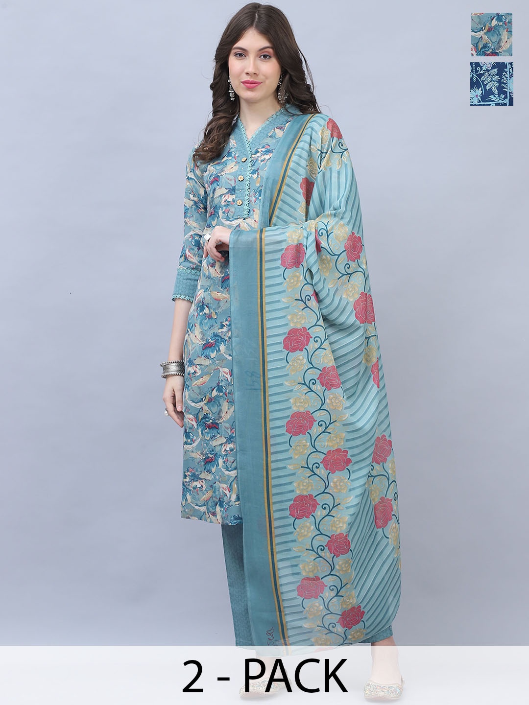 Roly Poly Selection Of 2 Floral Printed Gotta Patti Straight Kurta with Trousers & Dupatta, Turquoise blue
Roly Poly Selection Of 2 Floral Printed Gotta Patti Straight Kurta with Trousers & Dupatta, Turquoise blue