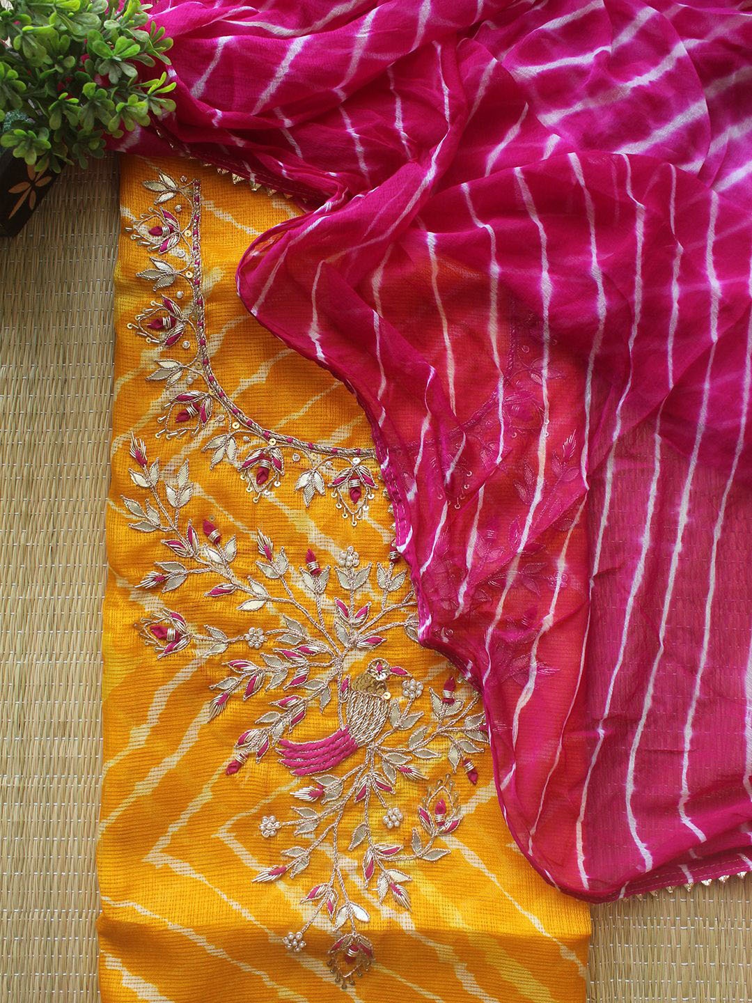 Weaves of Tradition Leheriya Embroidered Gotta-Patti Unstitched Dress Material, Yellow
Weaves of Tradition Leheriya Embroidered Gotta-Patti Unstitched Dress Material, Yellow