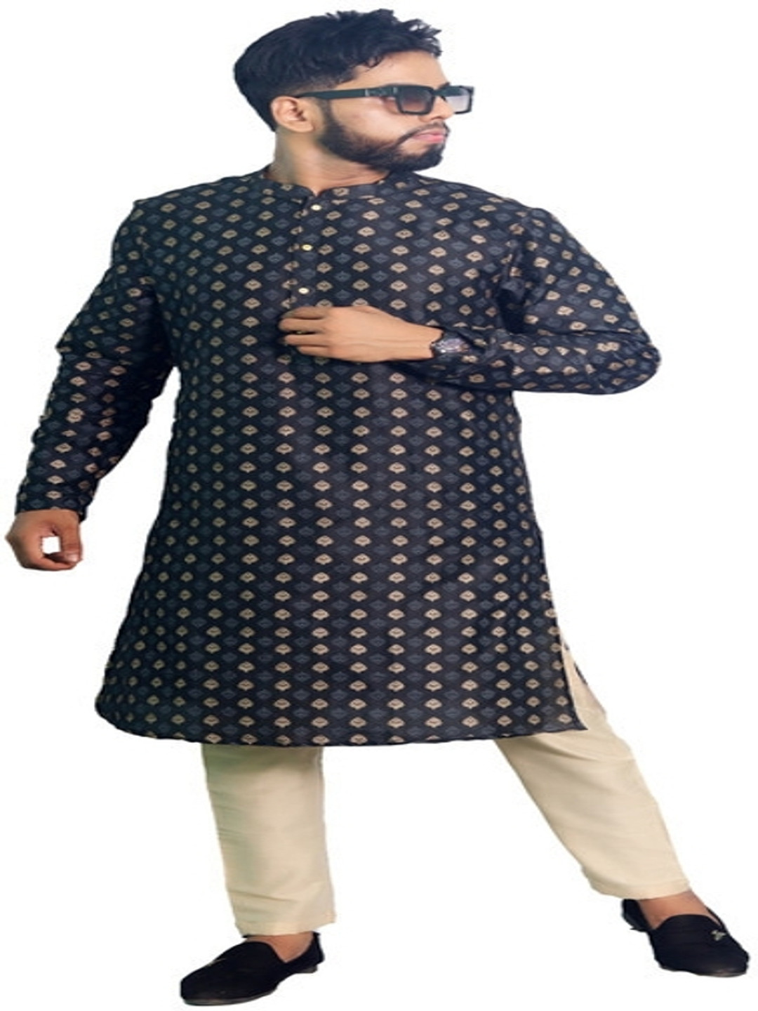 House of Aqss Floral Printed V-Neck Art Silk Straight Kurta With Pyjamas, Black 
House of Aqss Floral Printed V-Neck Art Silk Straight Kurta With Pyjamas, Black