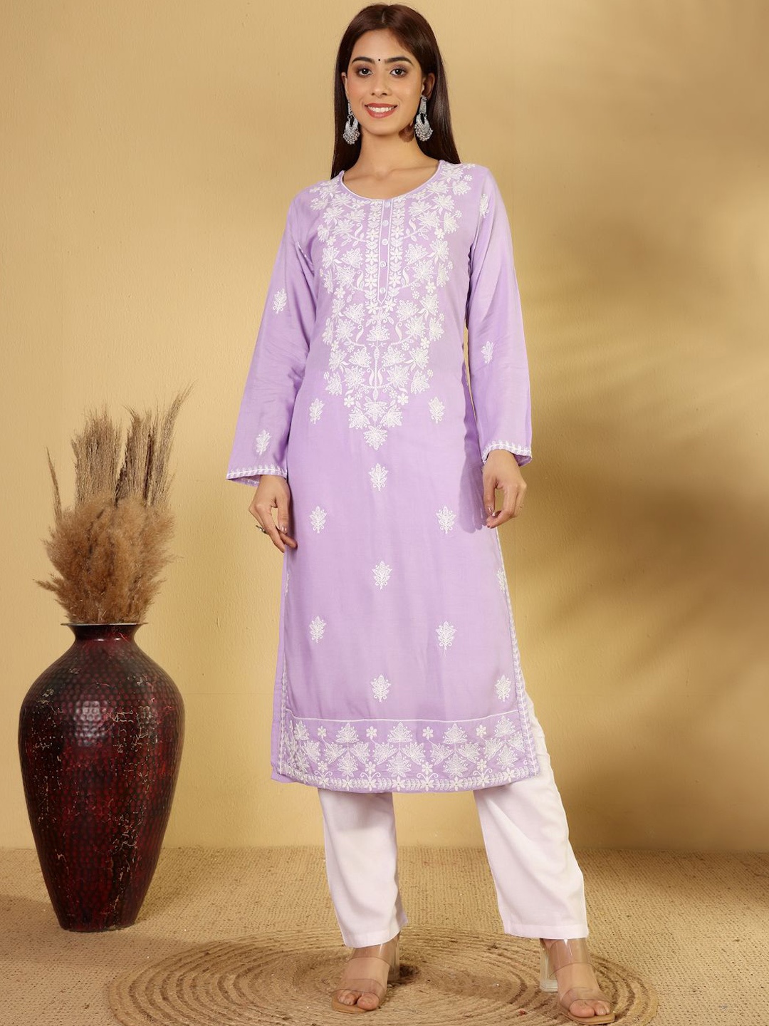 House of Pataudi Floral Embroidered Chikankari Straight Kurta With Trousers & Dupatta, Lavender
House of Pataudi Floral Embroidered Chikankari Straight Kurta With Trousers & Dupatta, Lavender
