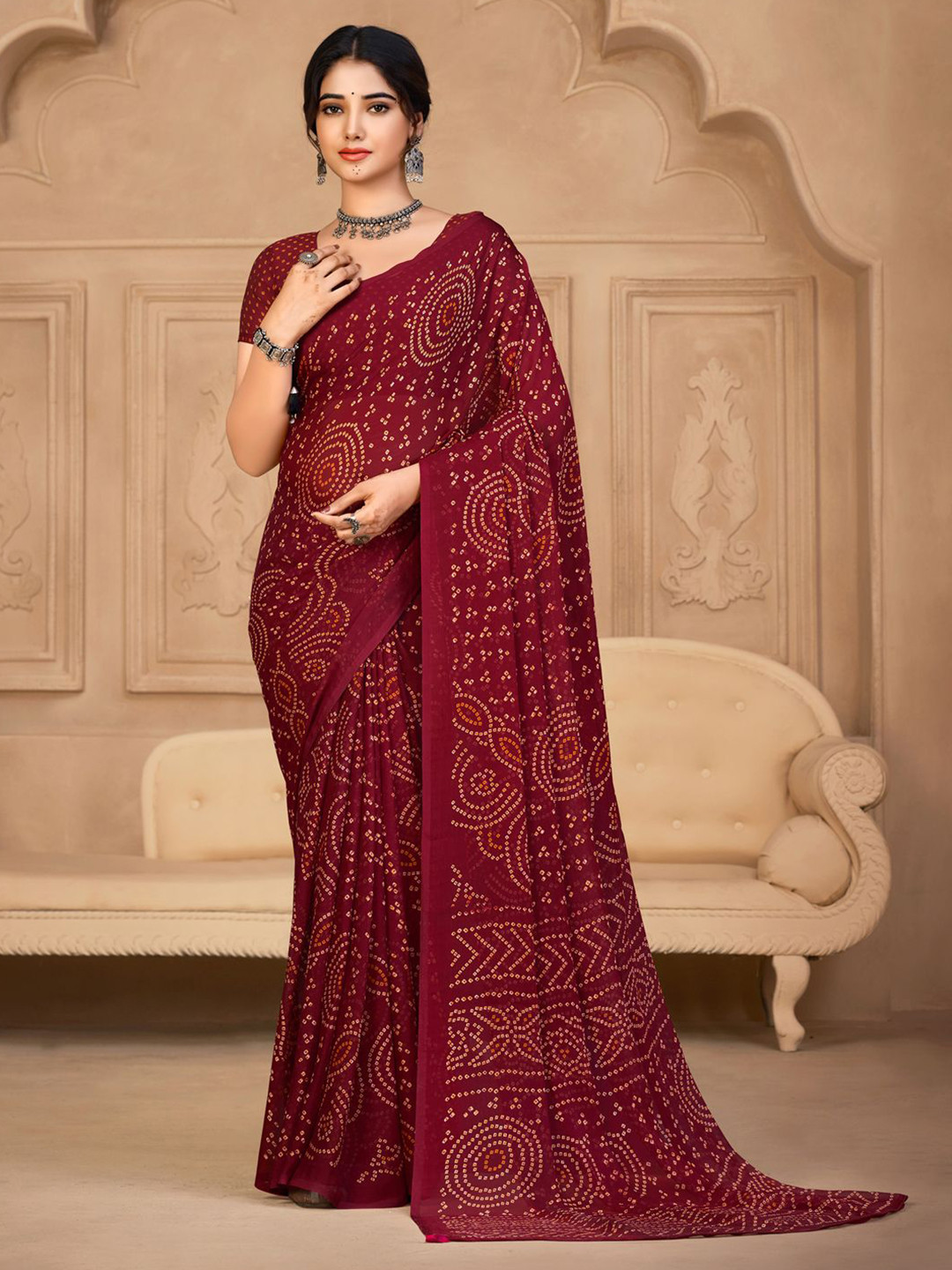 Mitera Bandhani Poly Chiffon Bandhani Saree, Burgundy 
Mitera Bandhani Poly Chiffon Bandhani Saree, Burgundy