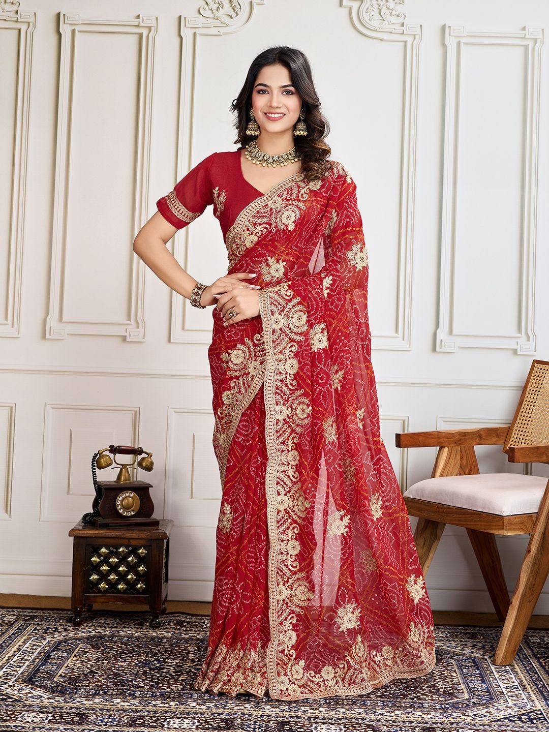 House of Pataudi Svarra Bandhani Printed With Embroidered Saree With Unstitched Blouse, Red
House of Pataudi Svarra Bandhani Printed With Embroidered Saree With Unstitched Blouse, Red