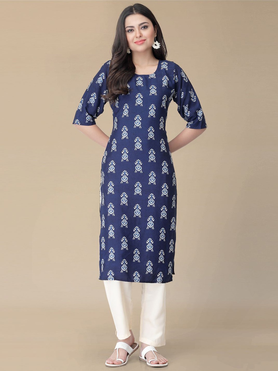 Moda Rapido Ethnic Motifs Printed Round Neck Ikat Technique Straight Kurta With Trousers, Navy blue
Moda Rapido Ethnic Motifs Printed Round Neck Ikat Technique Straight Kurta With Trousers, Navy blue