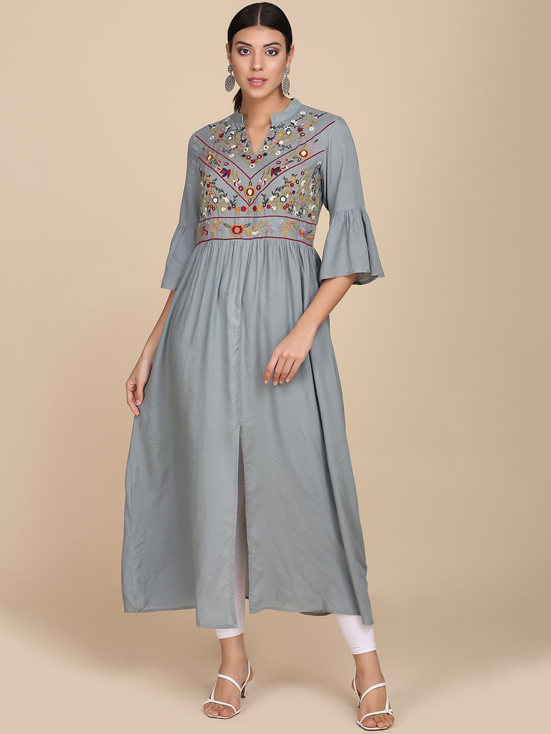 KALINI Floral Yoke Design Mandarin Collar Empire Thread Work Pure Cotton Anarkali Kurta, Grey
KALINI Floral Yoke Design Mandarin Collar Empire Thread Work Pure Cotton Anarkali Kurta, Grey