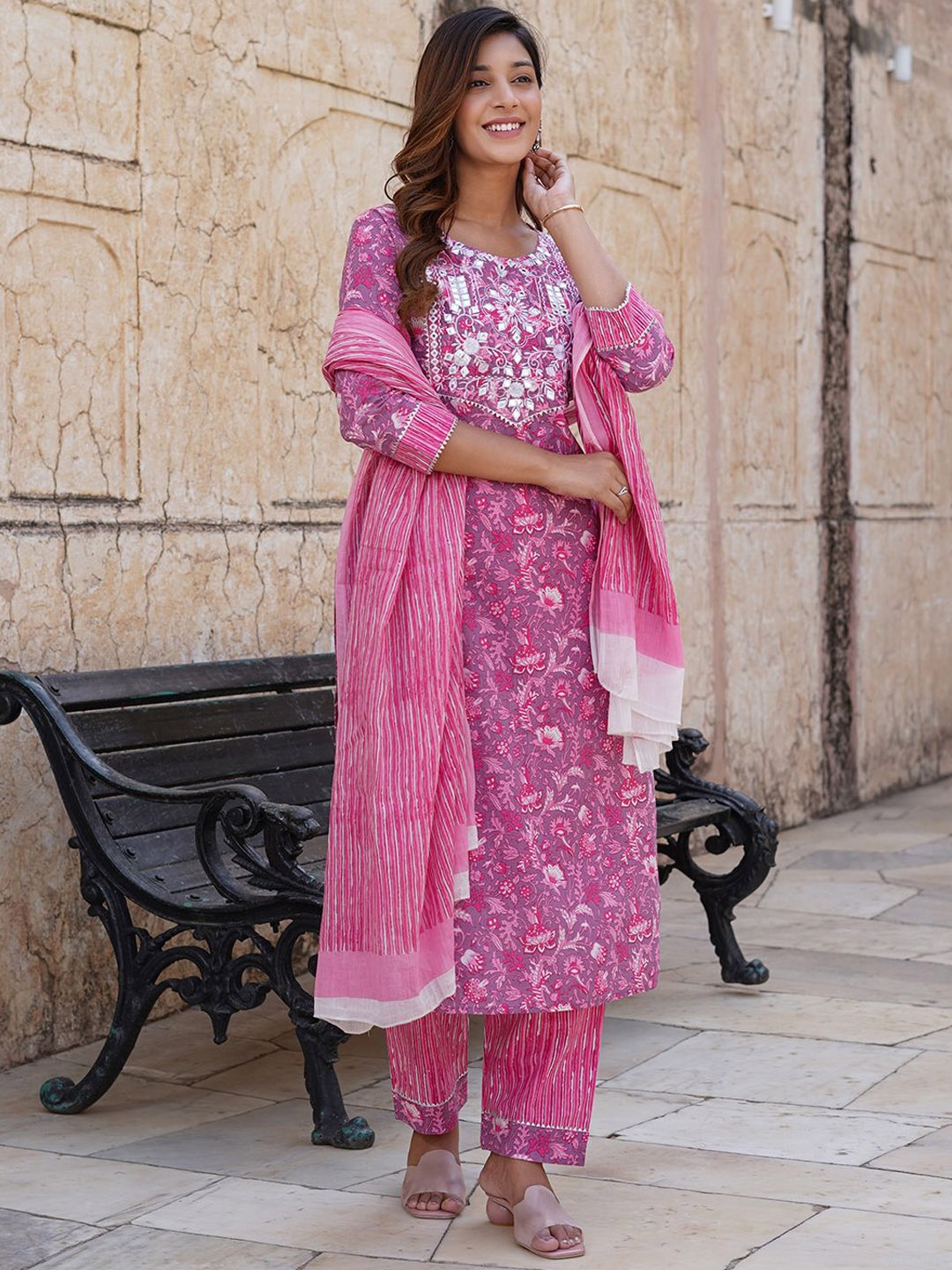 KALINI Floral Printed Mirror Work Pure Cotton Kurta With Trousers And Dupatta, Purple
KALINI Floral Printed Mirror Work Pure Cotton Kurta With Trousers And Dupatta, Purple