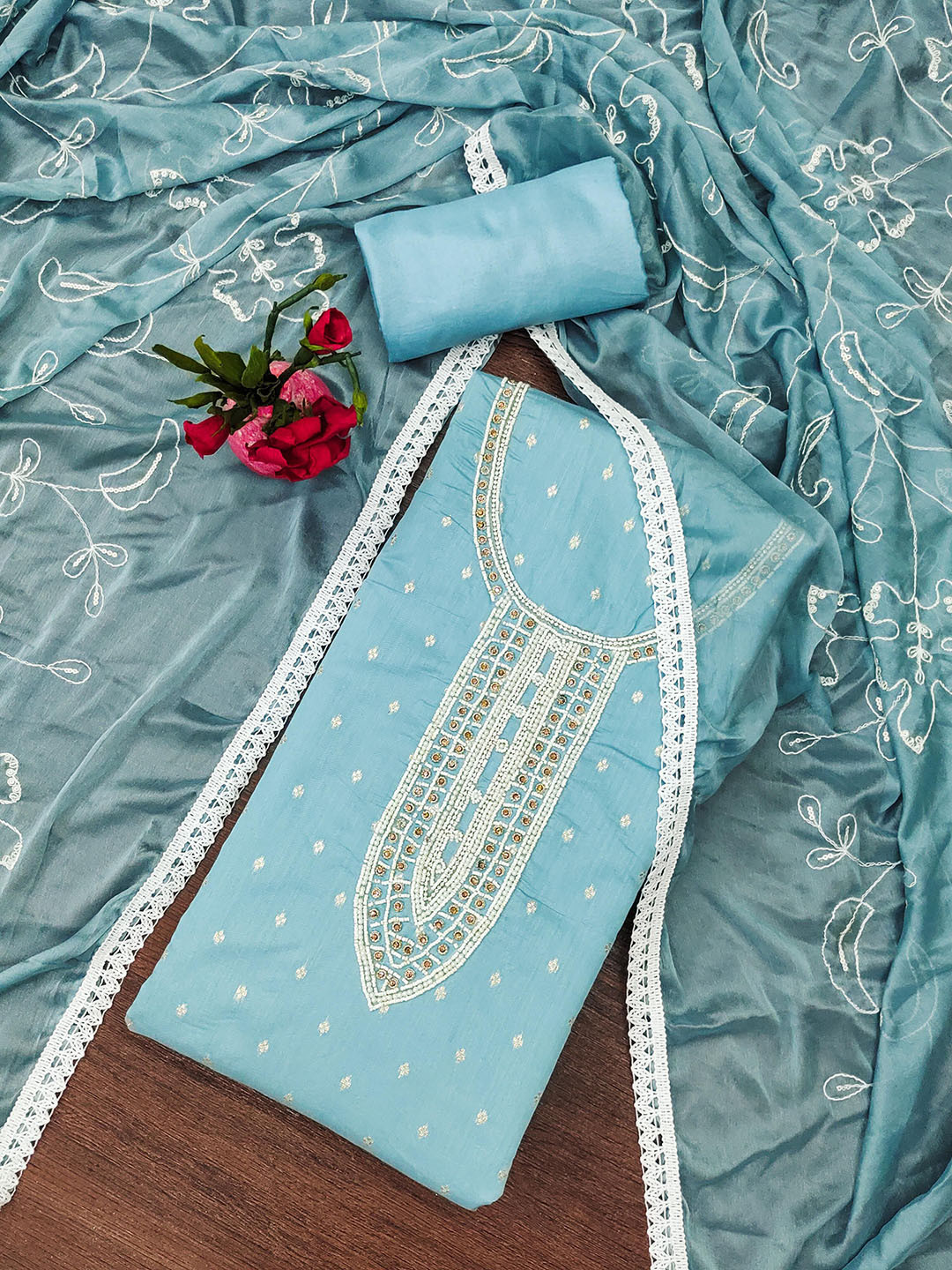 SAINOOR Floral Woven Design Beads and Stones Unstitched Dress Material, Blue 
SAINOOR Floral Woven Design Beads and Stones Unstitched Dress Material, Blue