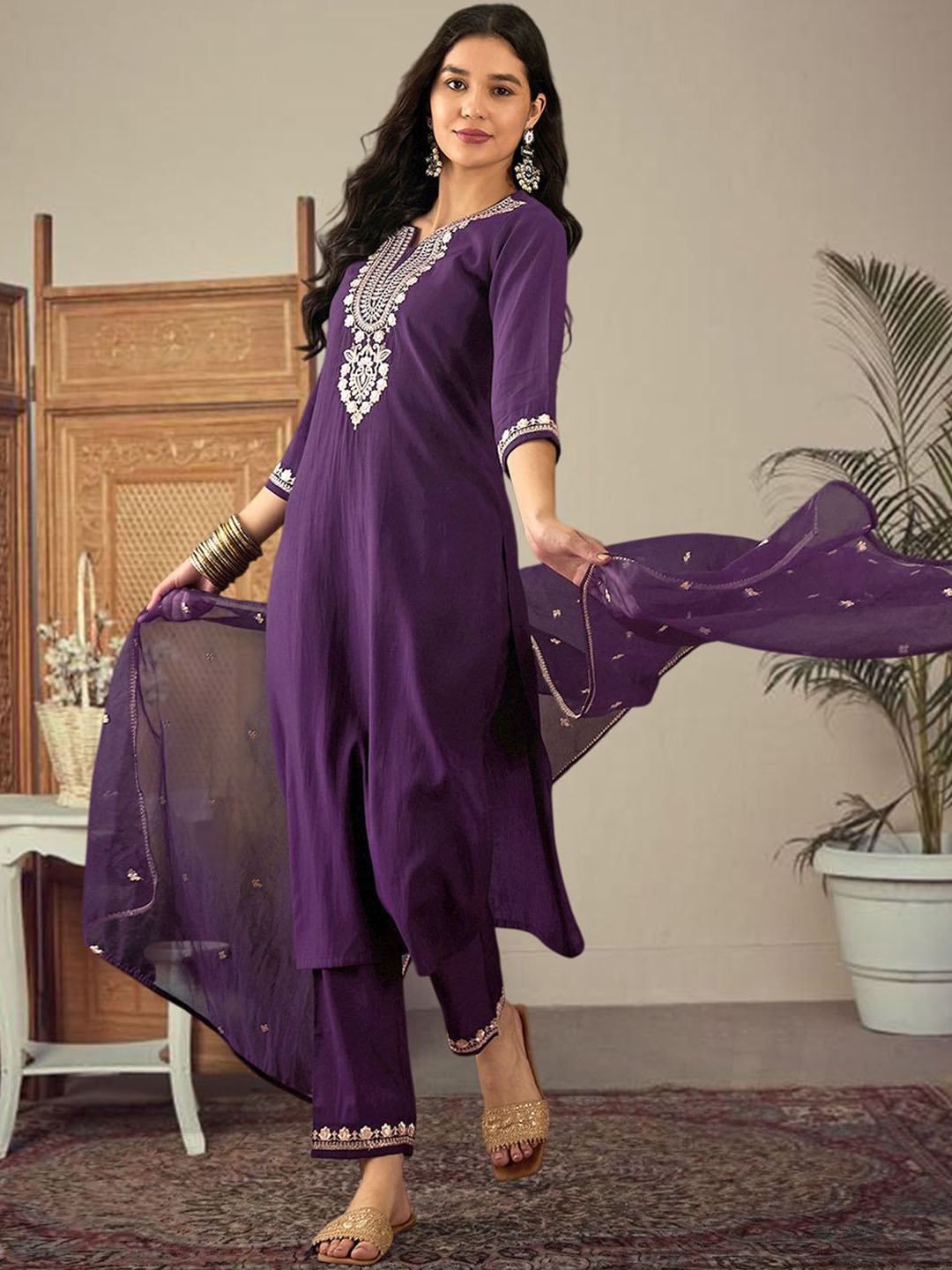 Sangria Floral Yoke Design Notch Neck Mirror Work Straight Kurta With Trouser & Dupatta, Magenta
Sangria Floral Yoke Design Notch Neck Mirror Work Straight Kurta With Trouser & Dupatta, Magenta