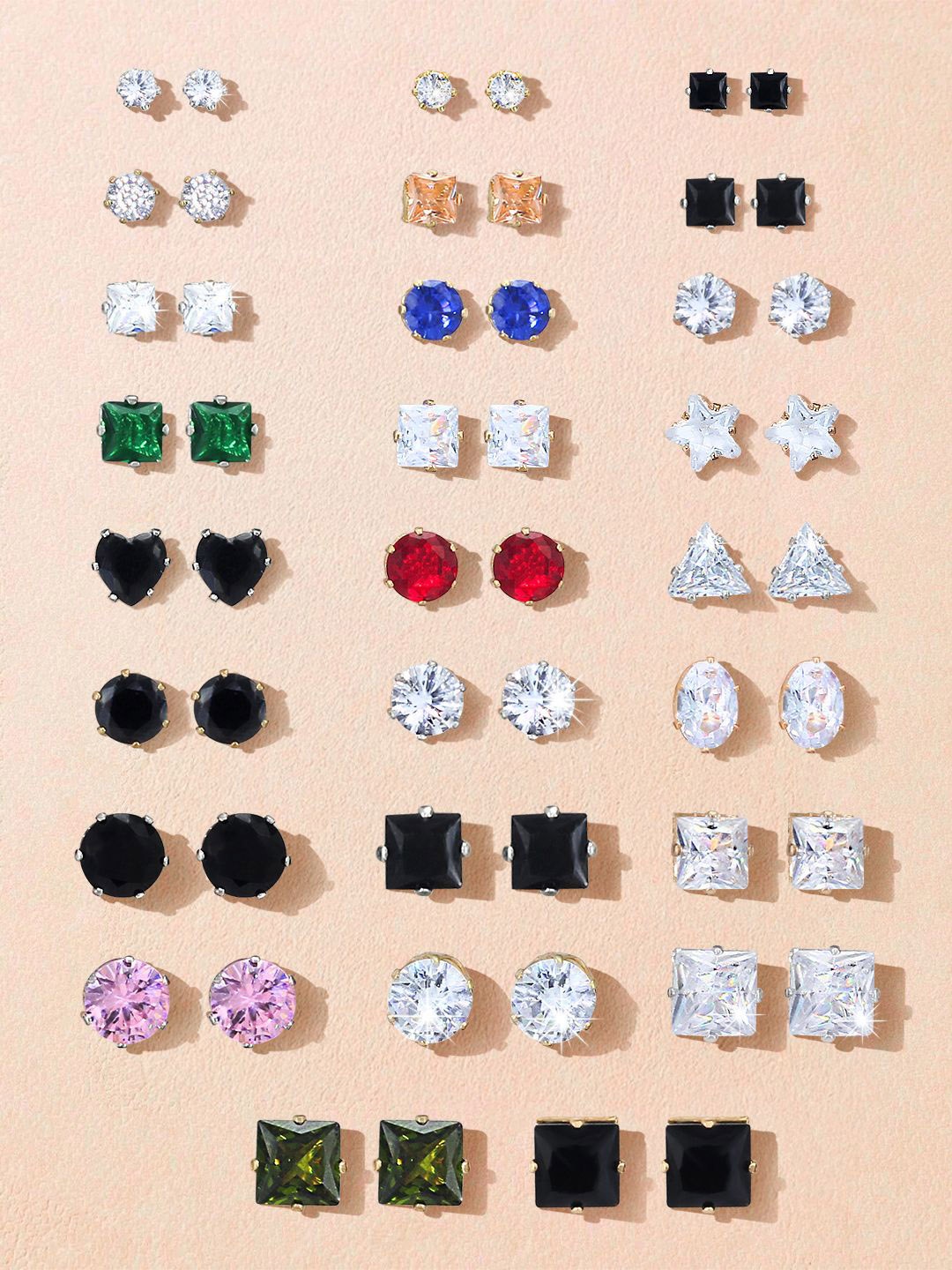PRIVIU Set of 26 Silver-Toned American Diamond Geometric Shaped Stud Earrings, White
PRIVIU Set of 26 Silver-Toned American Diamond Geometric Shaped Stud Earrings, White